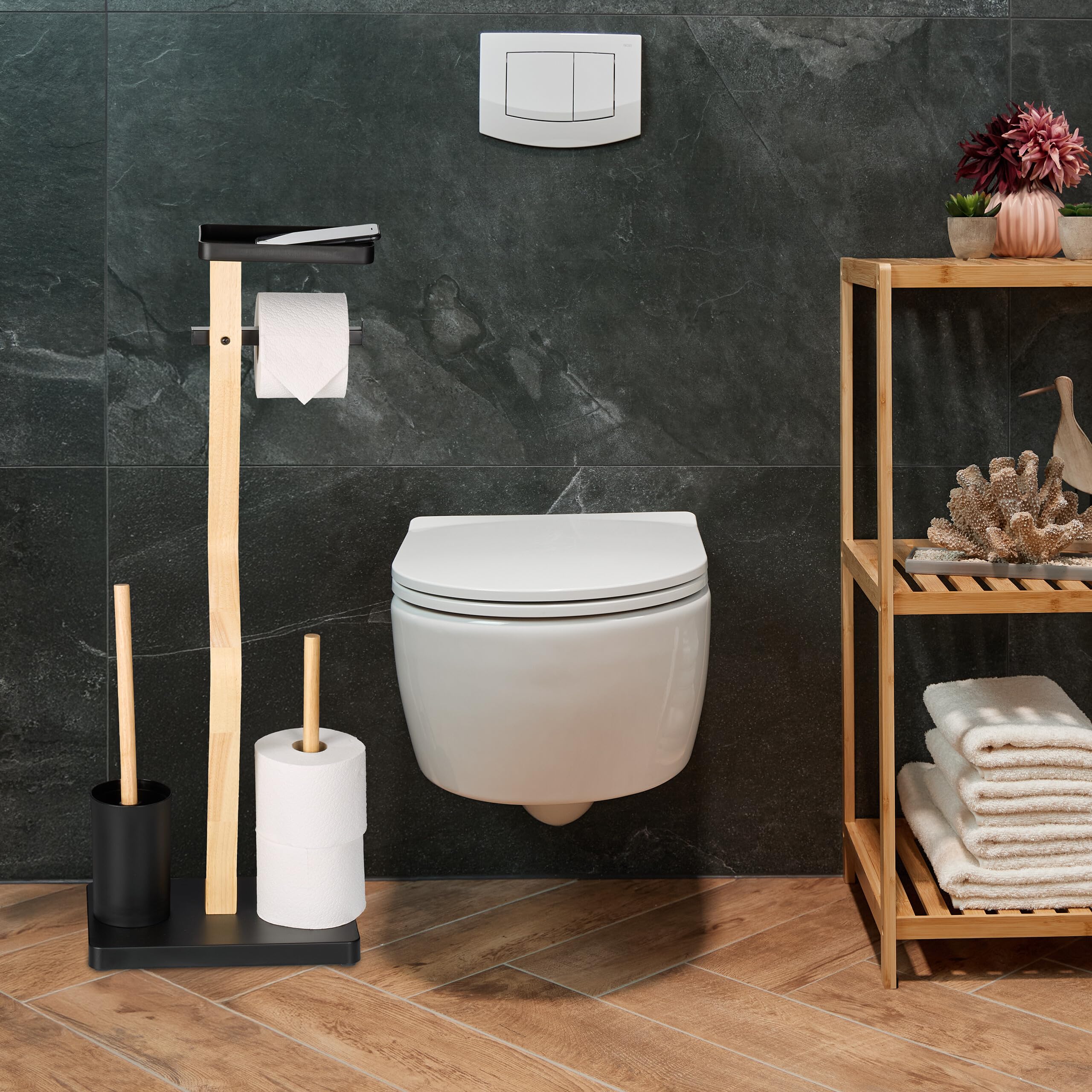 Relaxdays Escobillero y Portarrollos Baño, 80x30x20 cm, Bambú, Balda, Vertical, Escobilla con Soporte, Blanco/Natural