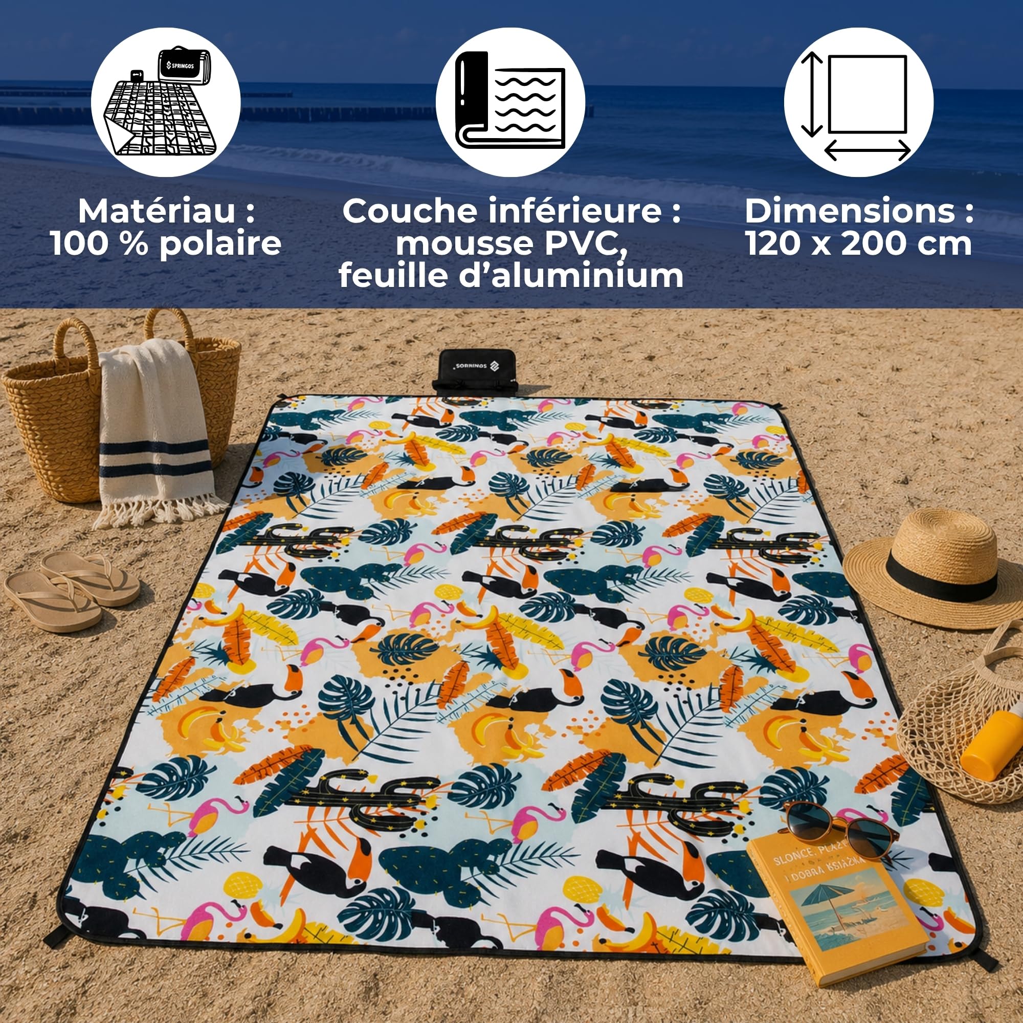 SPRINGOS Nappe de pique-nique 200 x 200 cm Coussin de siège Tapis de siège Couverture de jardin Papier aluminium Ancre au sol