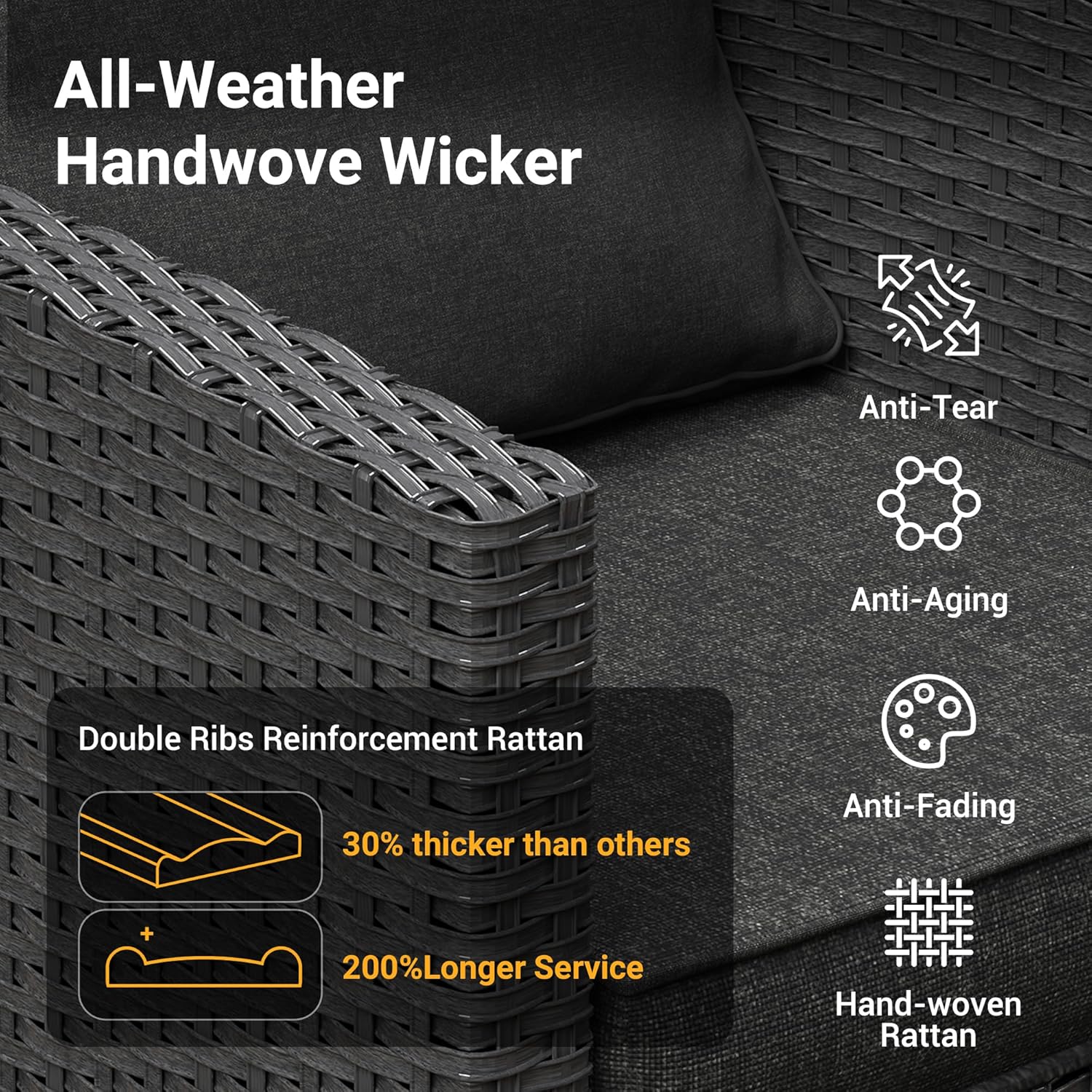Patio Furniture Set, 6 Pcs Patio Outdoor Sectional, Wicker Outdoor Couch with Swivel Chair, Ottomans, Side Table, 4" Thick Cushion, for Garden Backyard Deck.Black