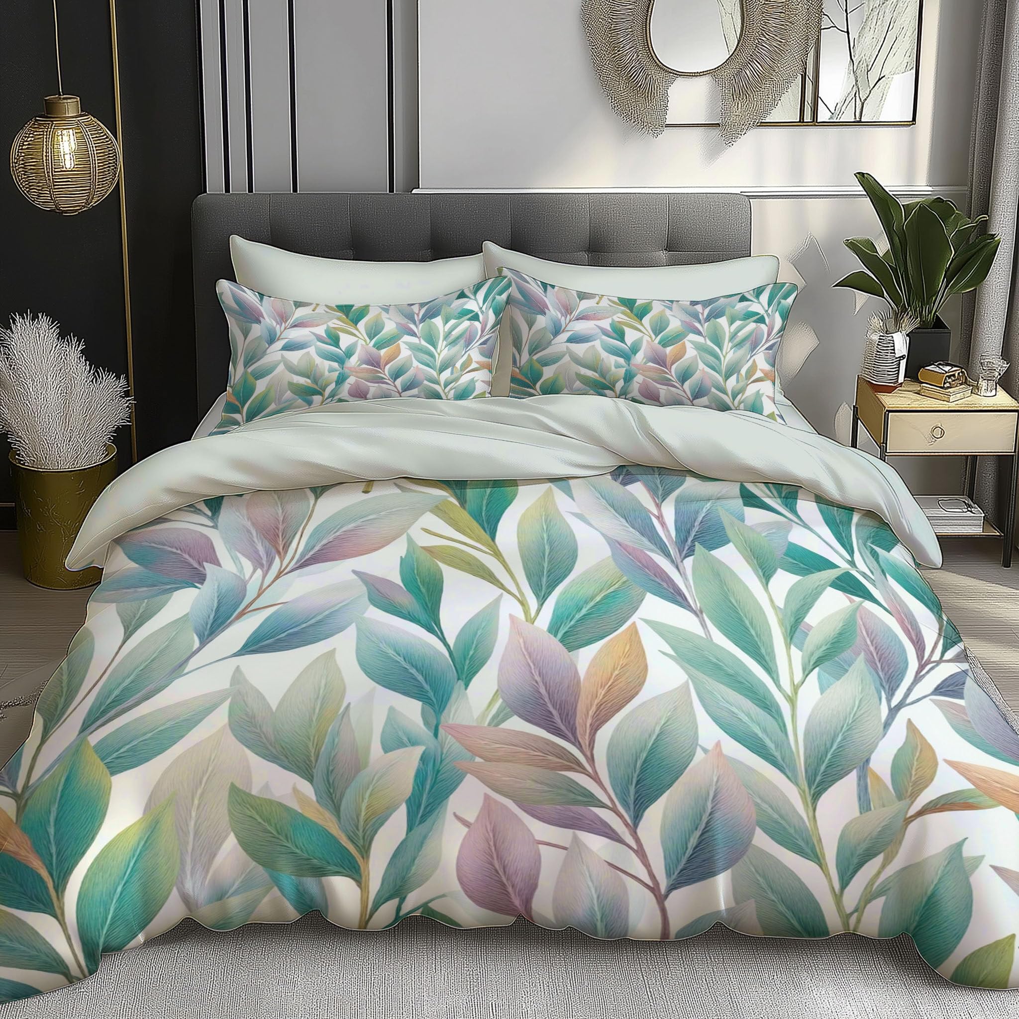 Housse de couette 140x200 feuilles colorées vert microfibre douce avec zip