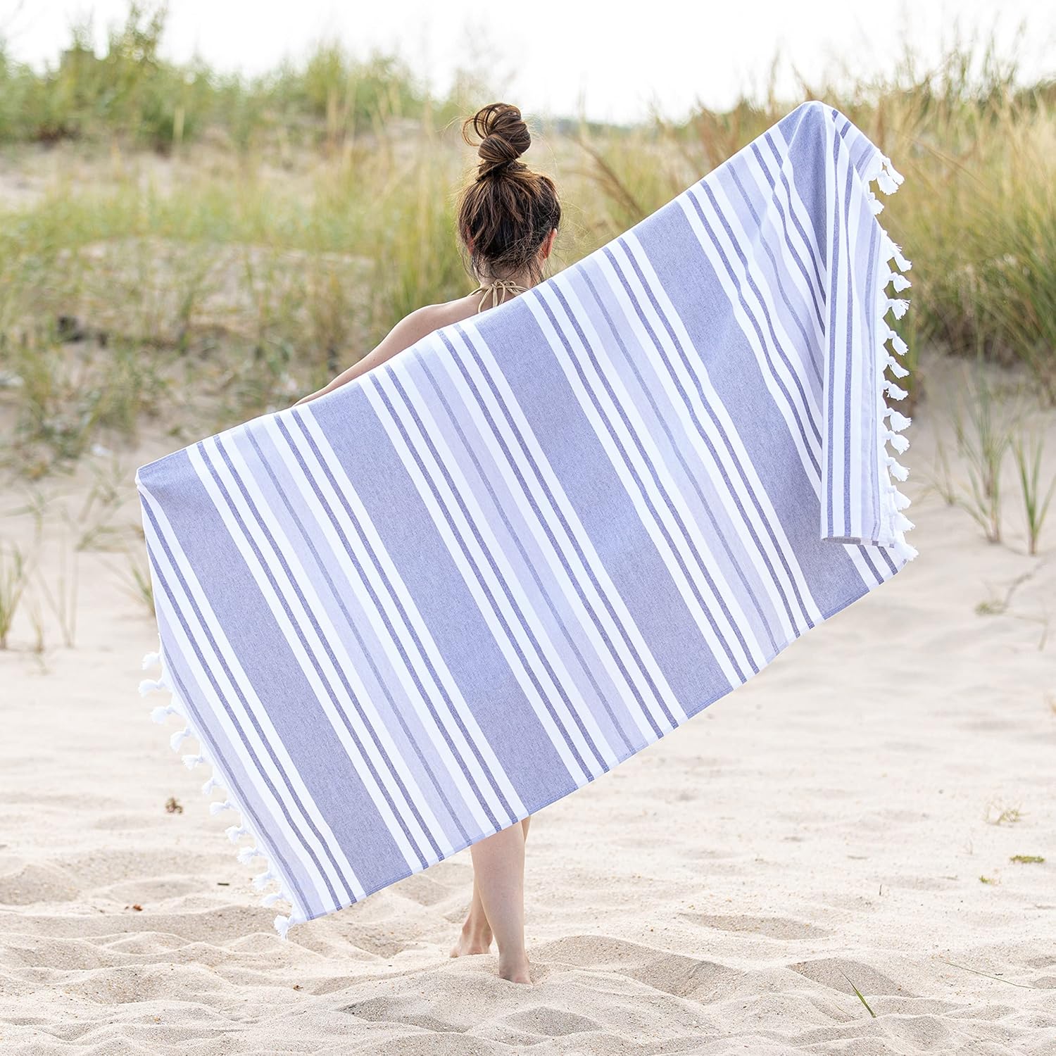 Superior Oversized Cotton Beach Towel for Adults and Kids, Quick Drying Towels for Pool, Spa, Resort, Hotel, Camping, Travel, Super Absorbent, Striped with Tassels, Racer Stripe Collection, Grey