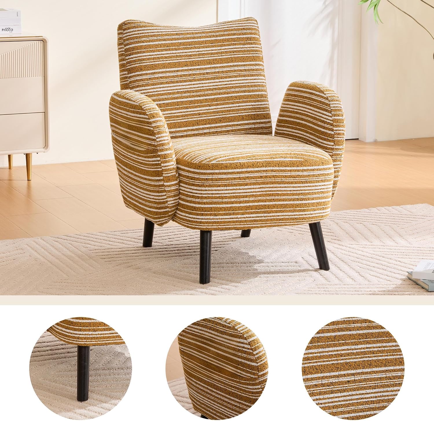 Modern Style Armchair with Sanded Fabric, Side Storage Pocket, Solid Wood Legs, Comfortable Reading Chair for Living Room, Bedroom, Office (Mustard Yellow)