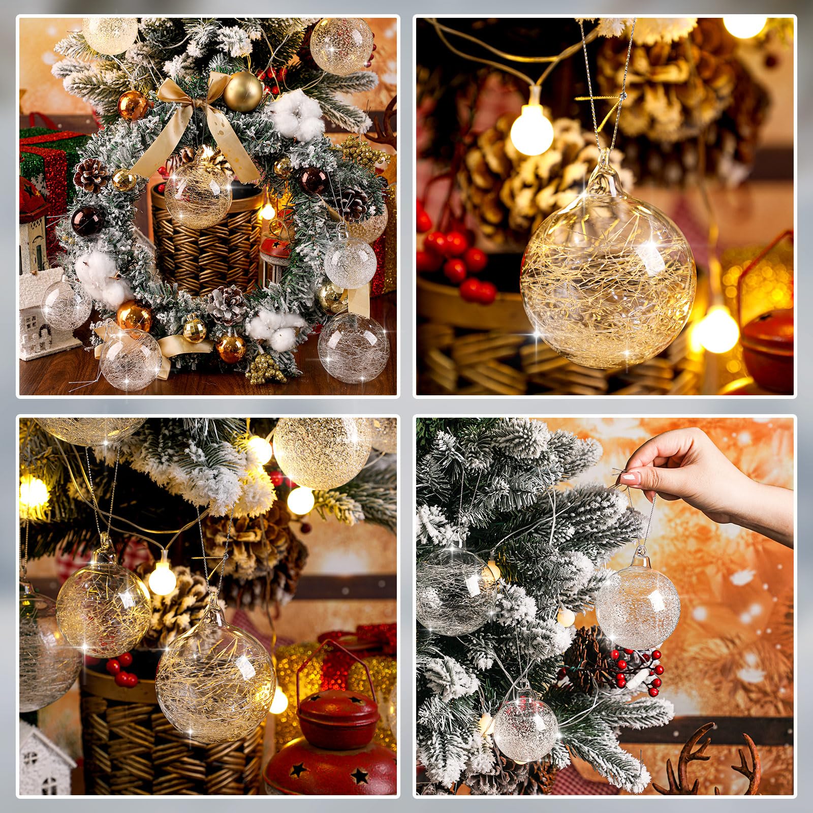 Uiifan Lot de 24 boules de décoration de Noël en verre soufflé en vrac de tailles assorties irisées (6 cm, 7 cm, 8 cm)