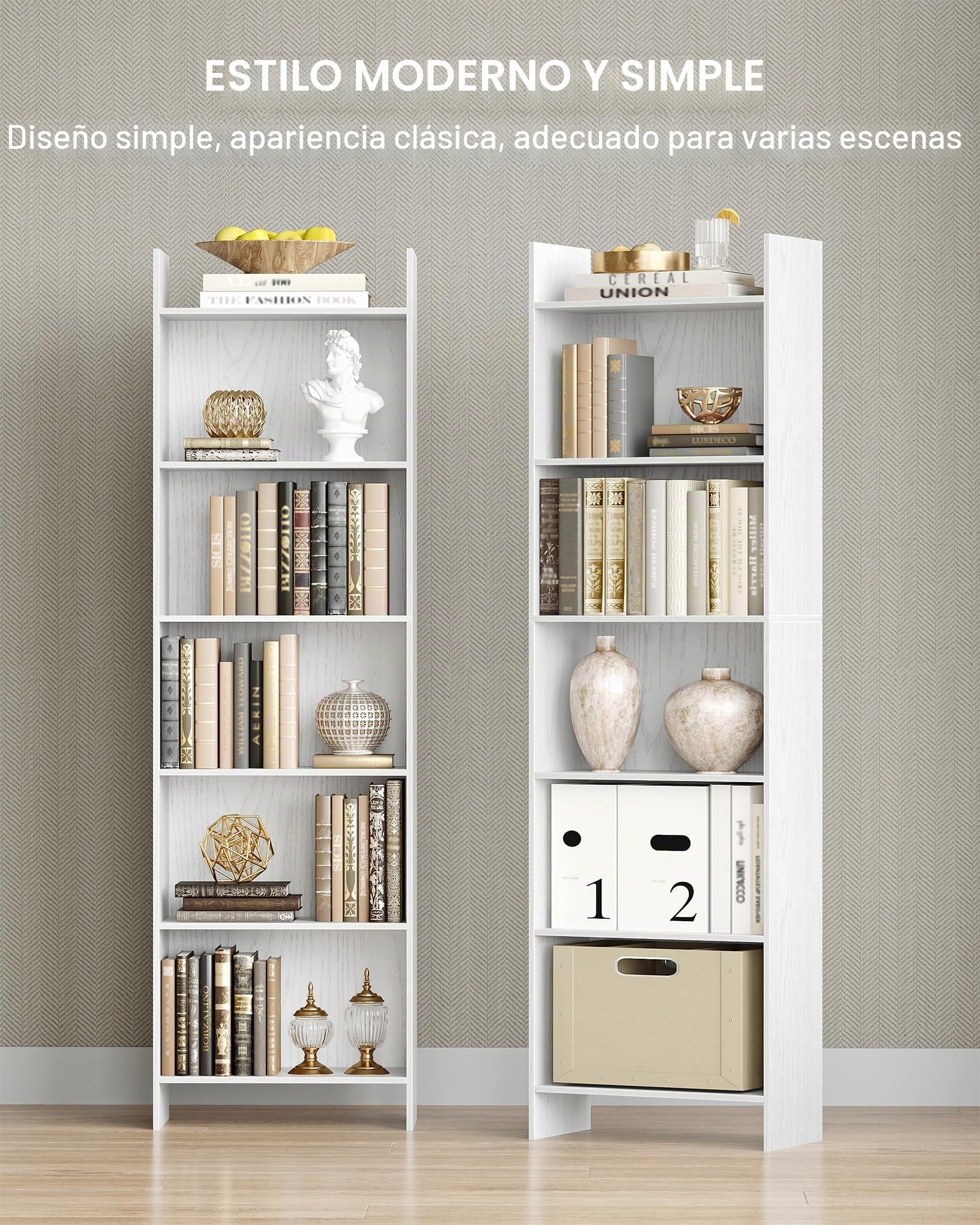 Hzuaneri Librería, Estantería de 6 Niveles, para Salón, Estudio, Oficin, Dormitorio, Estilo Escandinavo, 24 x 48 x 170 cm, Blanco 01103XBC