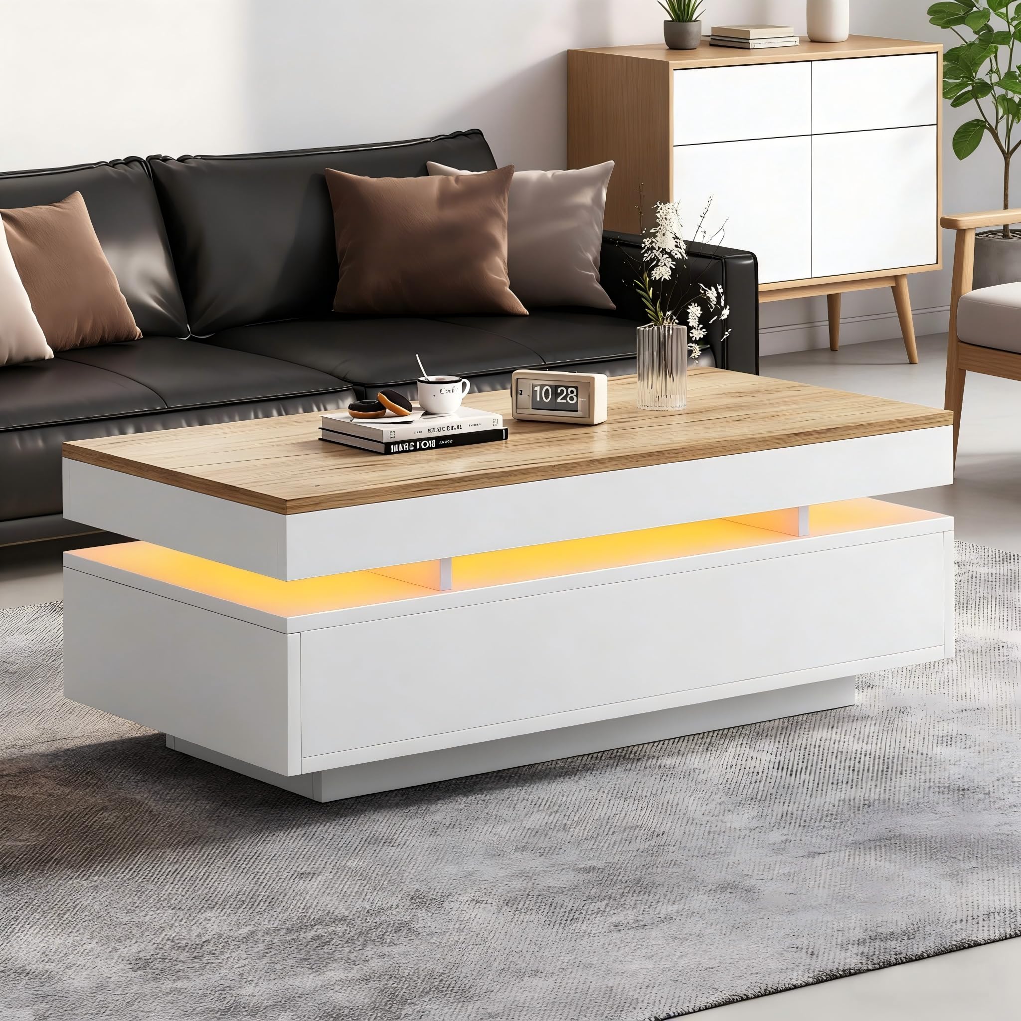 SACOOL 100 x 50 x 35 cm Mesa de centro con 2 cajones, mesa auxiliar LED de alto brillo, mesa de té, mesa de sofá, mesa de salón, mesa de café, color blanco + tono de madera, blanco, madera