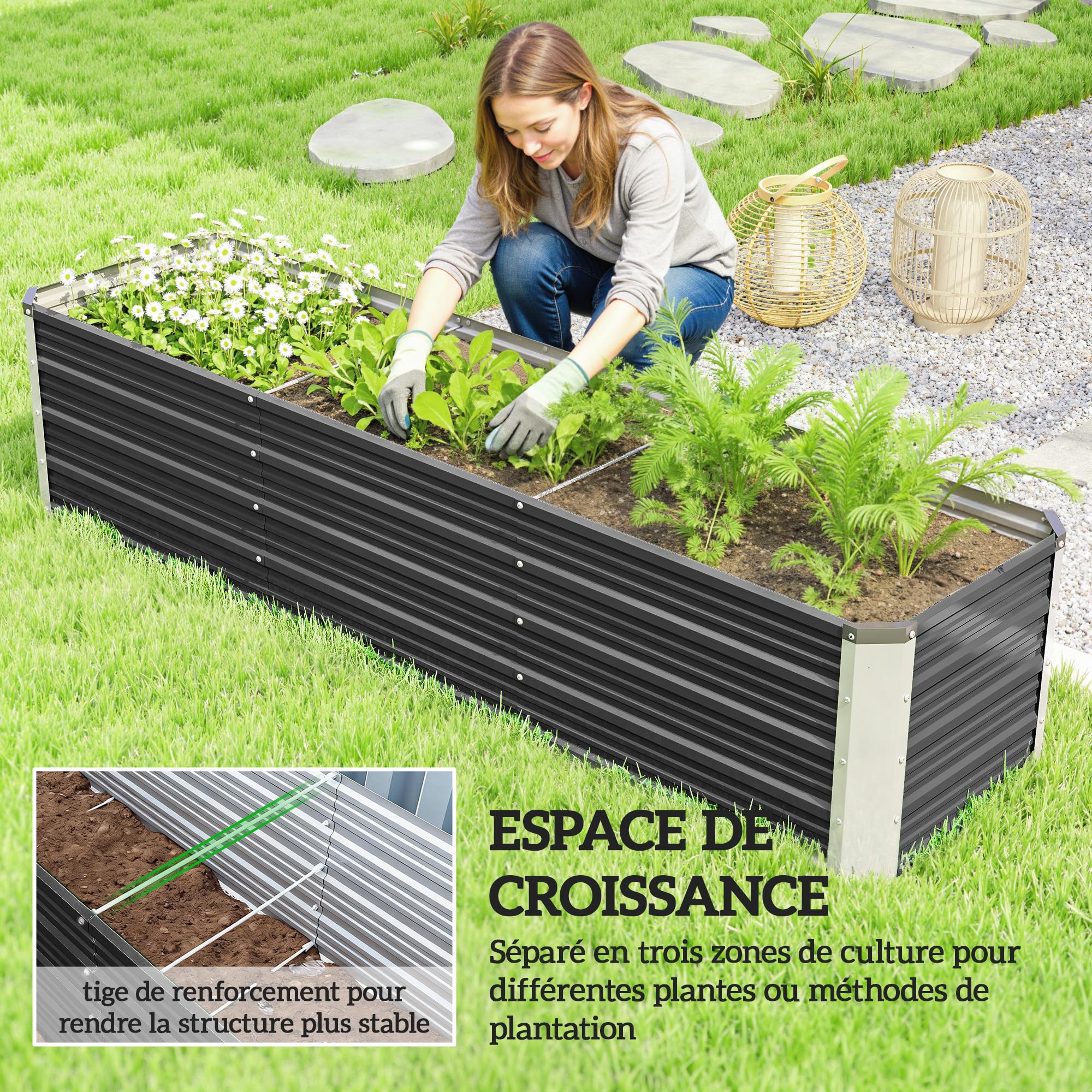 Outsunny Jardinière surélevée en Acier avec Gants 183x47x40 cm Gris | Lit de Jardin, Carré Potager de Jardin pour Fleurs, Herbes, Légumes