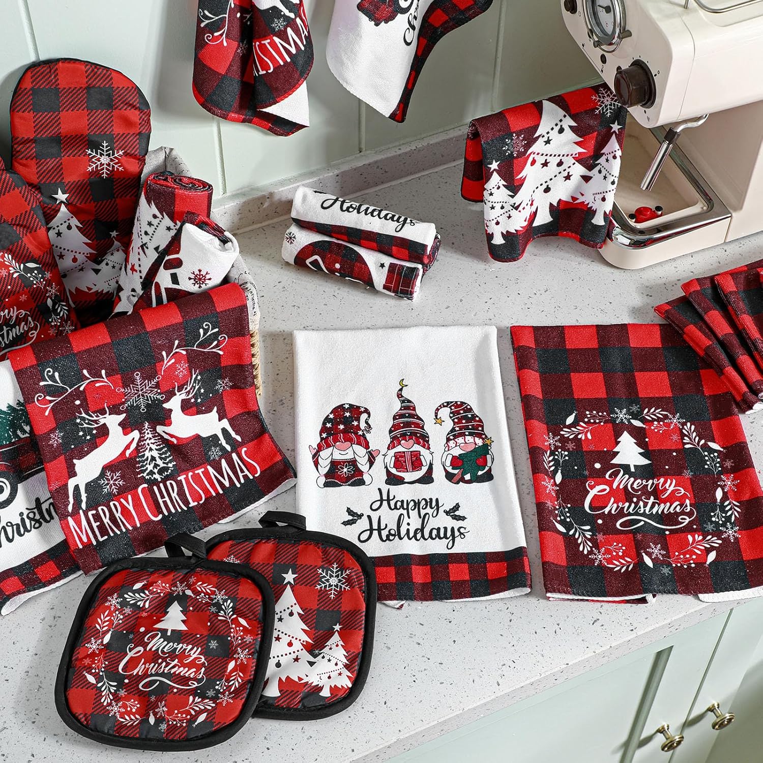 Sratte 20 Pcs Christmas Kitchen Towel Oven Mitts and Pot Holders Set Red and Black Buffalo Plaid Dish Cloths Set Heat Resistant Oven Gloves Hot Pads Reusable Dish Rags, Absorbent Towels - Image 7
