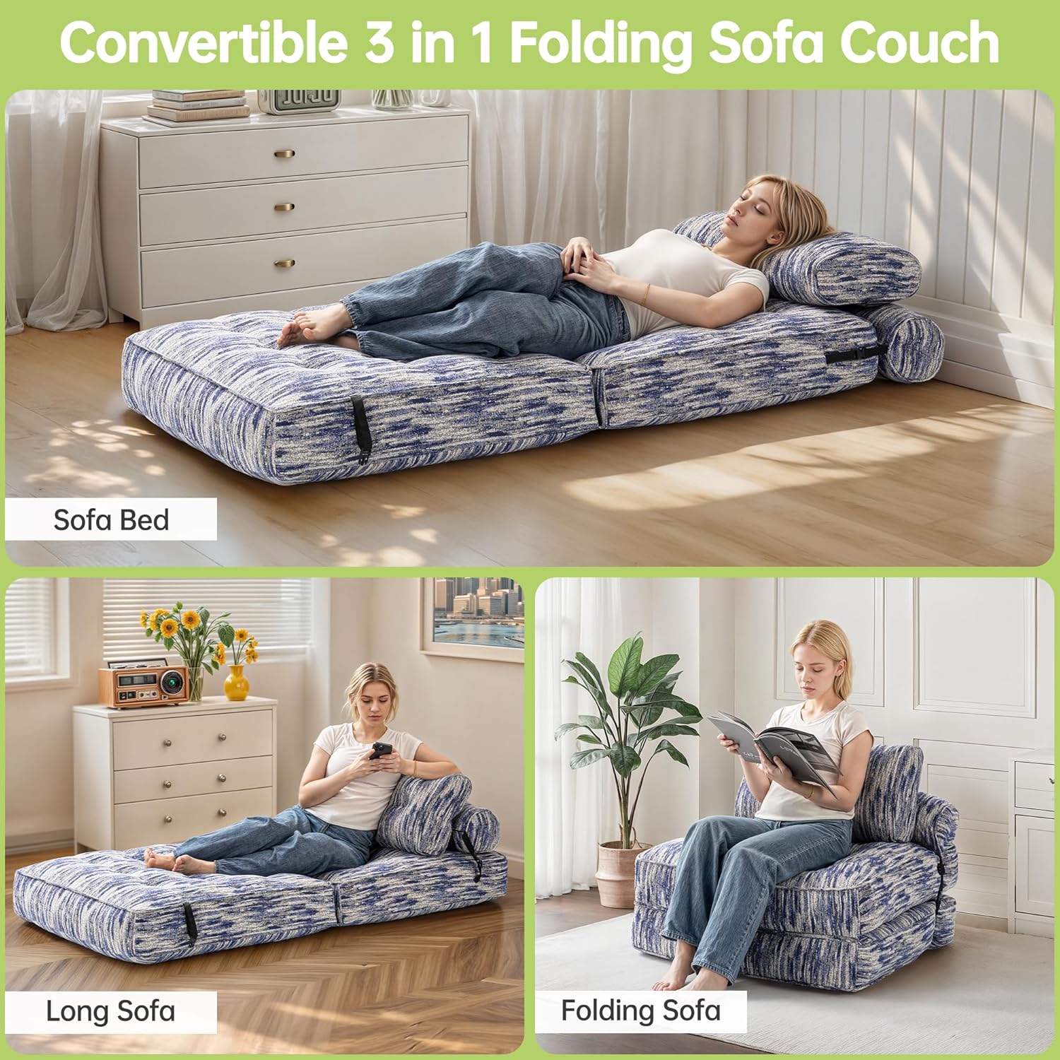Folding Sofa Bed, Convertible Foldable Chair Bed, Floor Couch for Adults, Comfy Floor Sofa Small Couches for Small Spaces, Tie-Dye Blue
