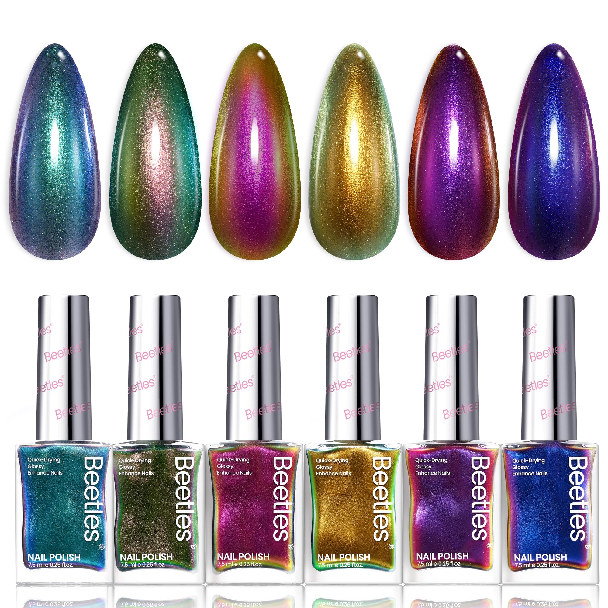 Beetles Chrome Nail Polish Set - Chameleon Holographic Ember 6 Colors Air Quick Fast Dry Metallic Nail Polish