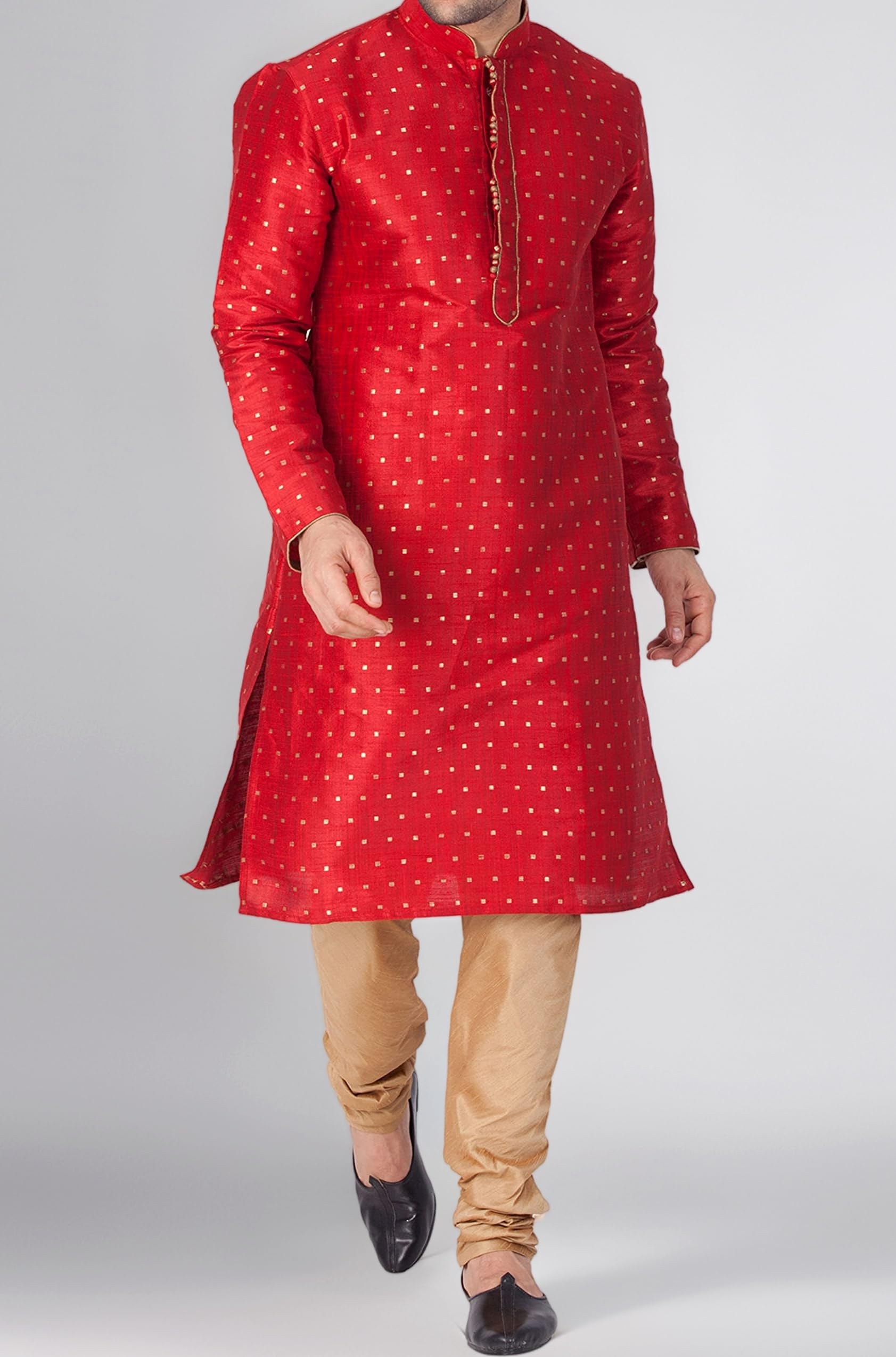 VASTRAMAY Men Silk Blend Solid Vm Egyptian Kurta Pyjama Set - Classic Ethnic Attire For Timeless Style And Cultural Celebrations | Jacquard Woven Zari Work With Shimmer Piping Full Sleeves Kurta