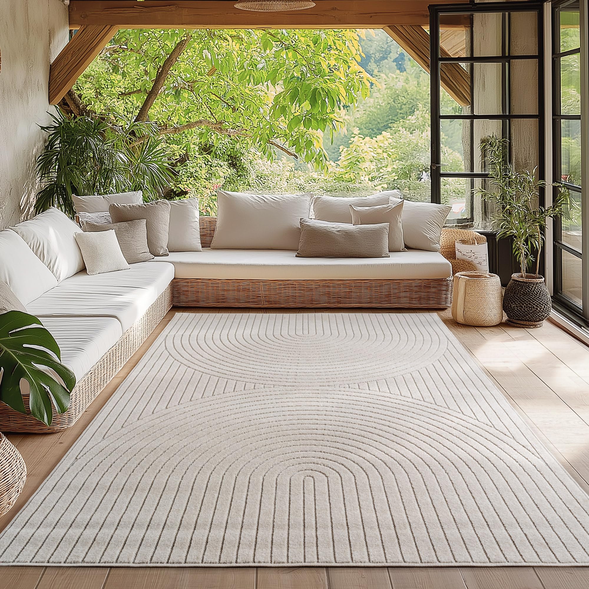HomebyHome Kurzflor Teppich Wohnzimmer Schlafzimmer 3D Hoch-Tief-Effekt, Skandinavisch Boho Motiv, für Outdoor Bereich geeignet Terrassen oder im Balkon
