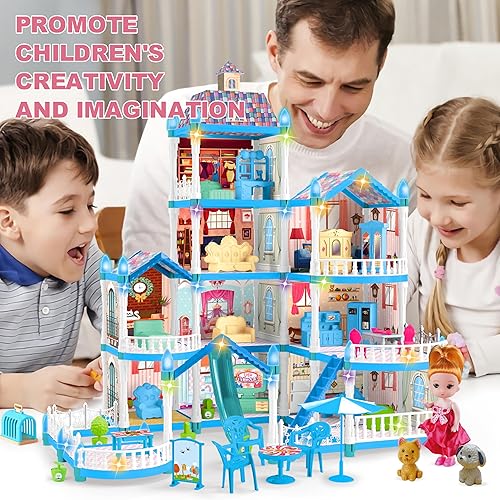 Miniatura 5 de Casa de muñecas para niñas, 10 habitaciones, juguete de casa azul con muñecas, cachorros, muebles, accesorios, casa de juegos para niños de 3, 4, 5,