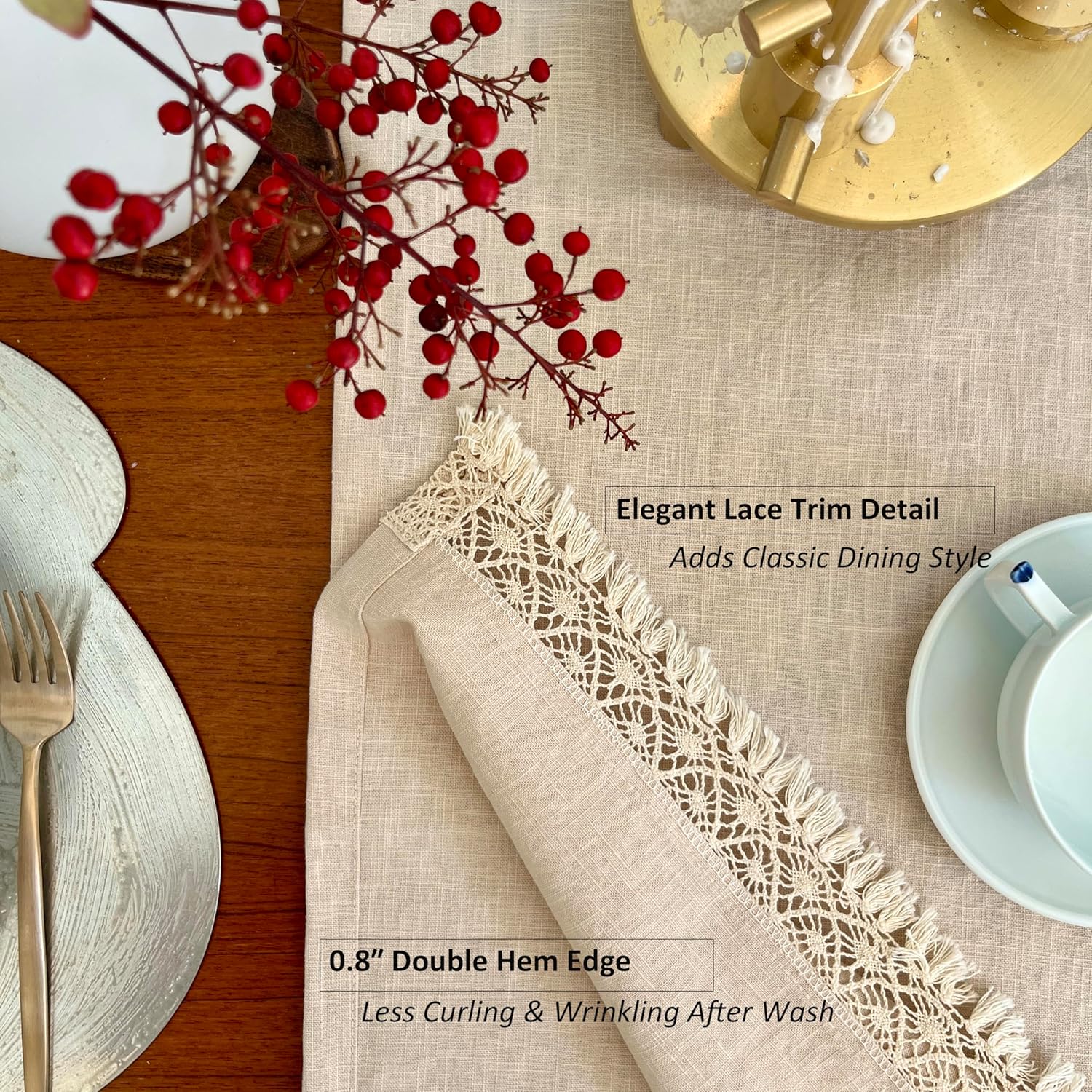 Korean Made Linen Blend Table Runner 14 Inches Wide, Lace Trim, Double Hem Edge for Reduced Wrinkle & Durability – Elegant Everyday Dining, Vanilla Color (72" Long)