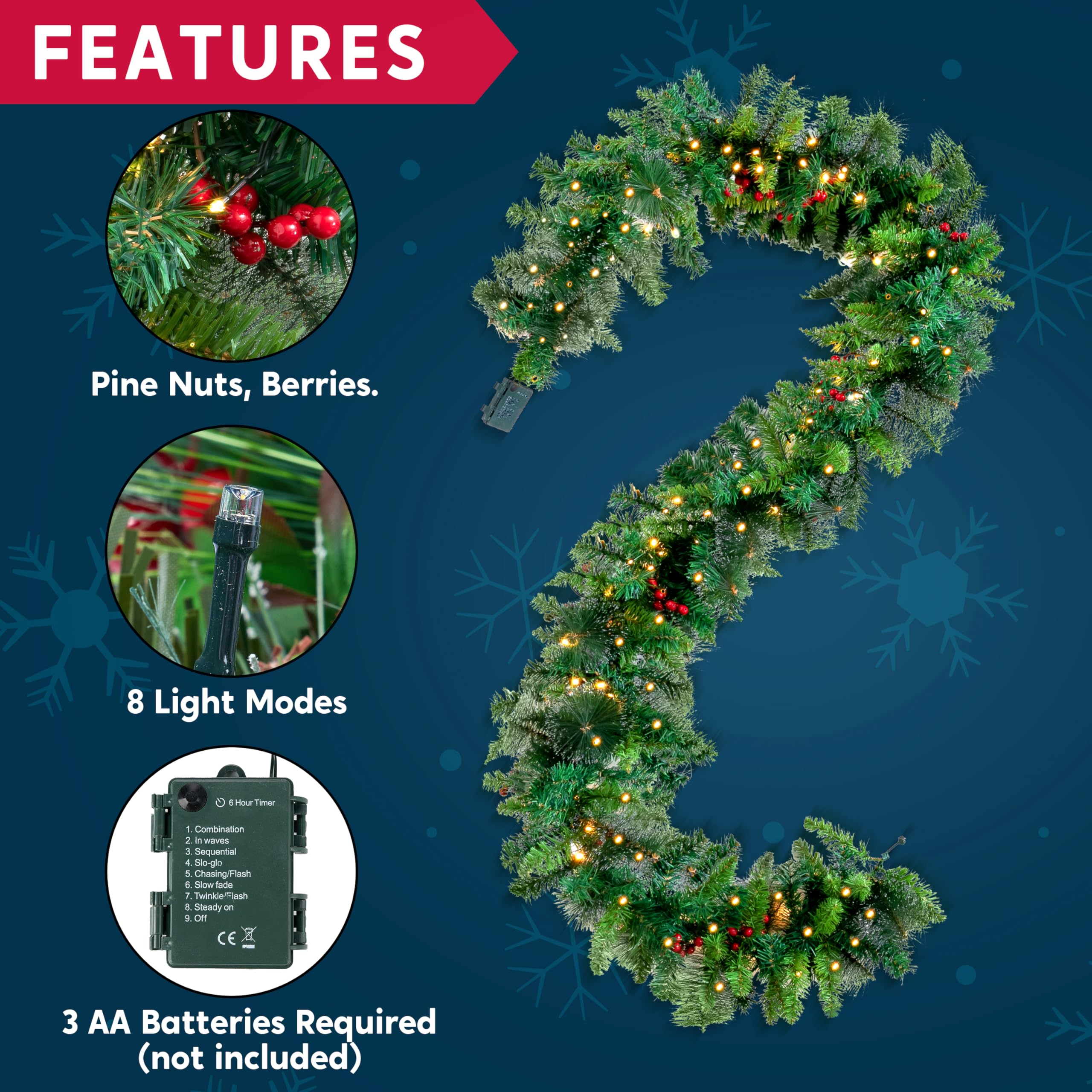 Joyin Künstliche Weihnachtsgirlande Carolina-Kiefer, 2,7 m x 25,4 cm Prelit Christmas Garland with 50 Warm White Lights & red Berries, Artificial Garland for Christmas Holiday Season Decorations