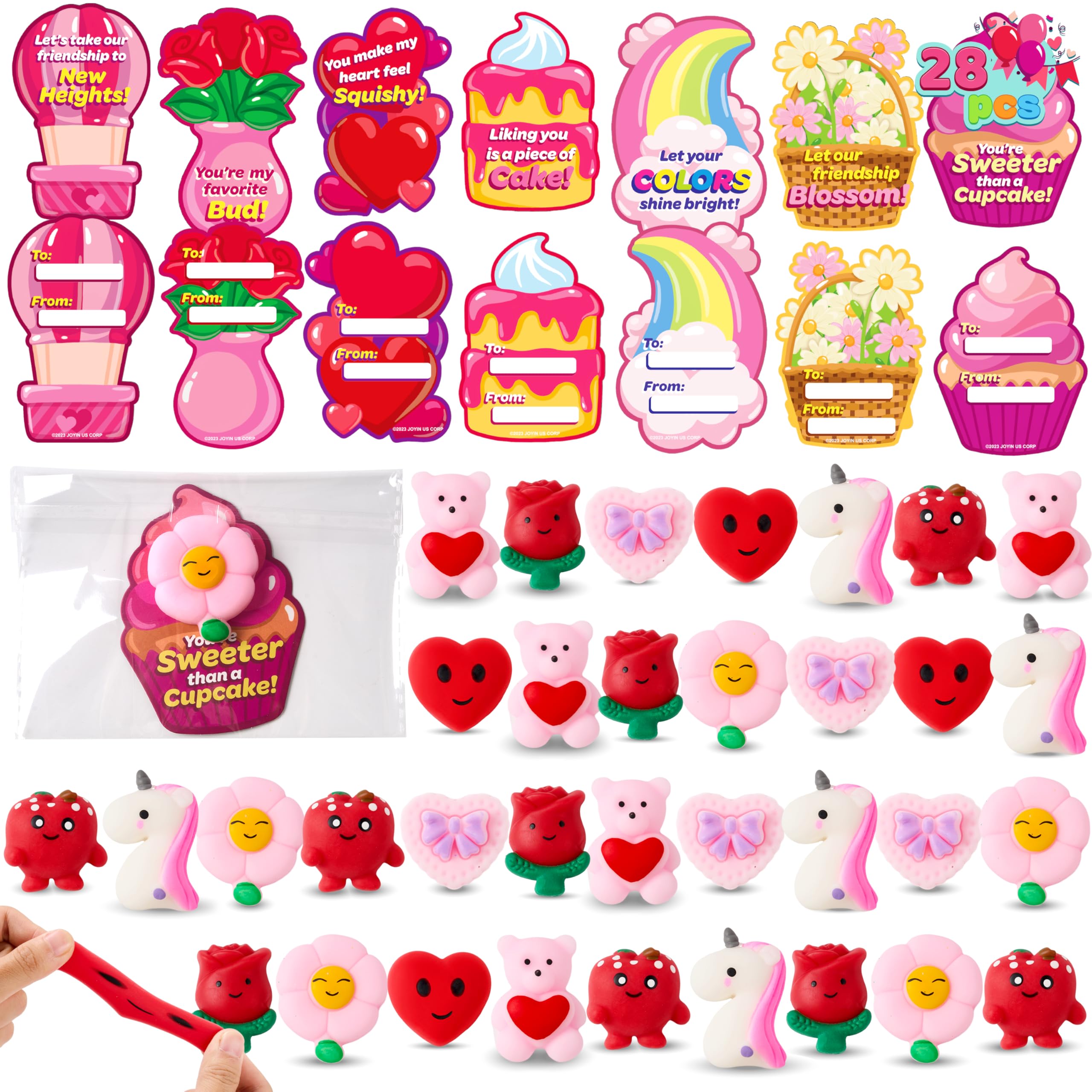 JOYIN 28 Packs Gift Cards with Mochi Toys, Stress Relief Fidget, Cute Miniature Novelty Squeeze Toys for Kids Party Favors, School Exchange and Goody Bag Fillers