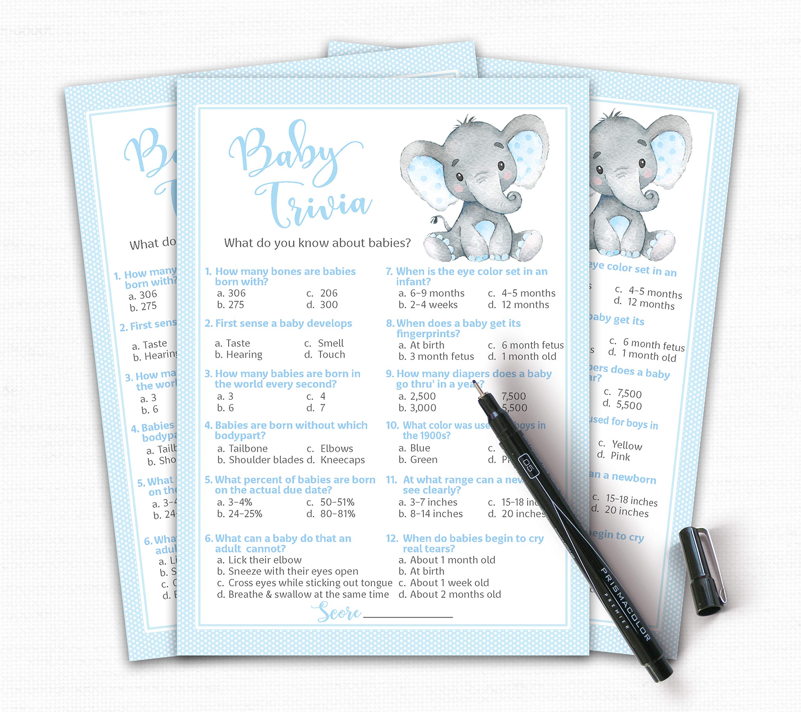 BLUE ELEPHANT Baby Shower Game — BABY TRIVIA Games — Pack of 25 — BOY