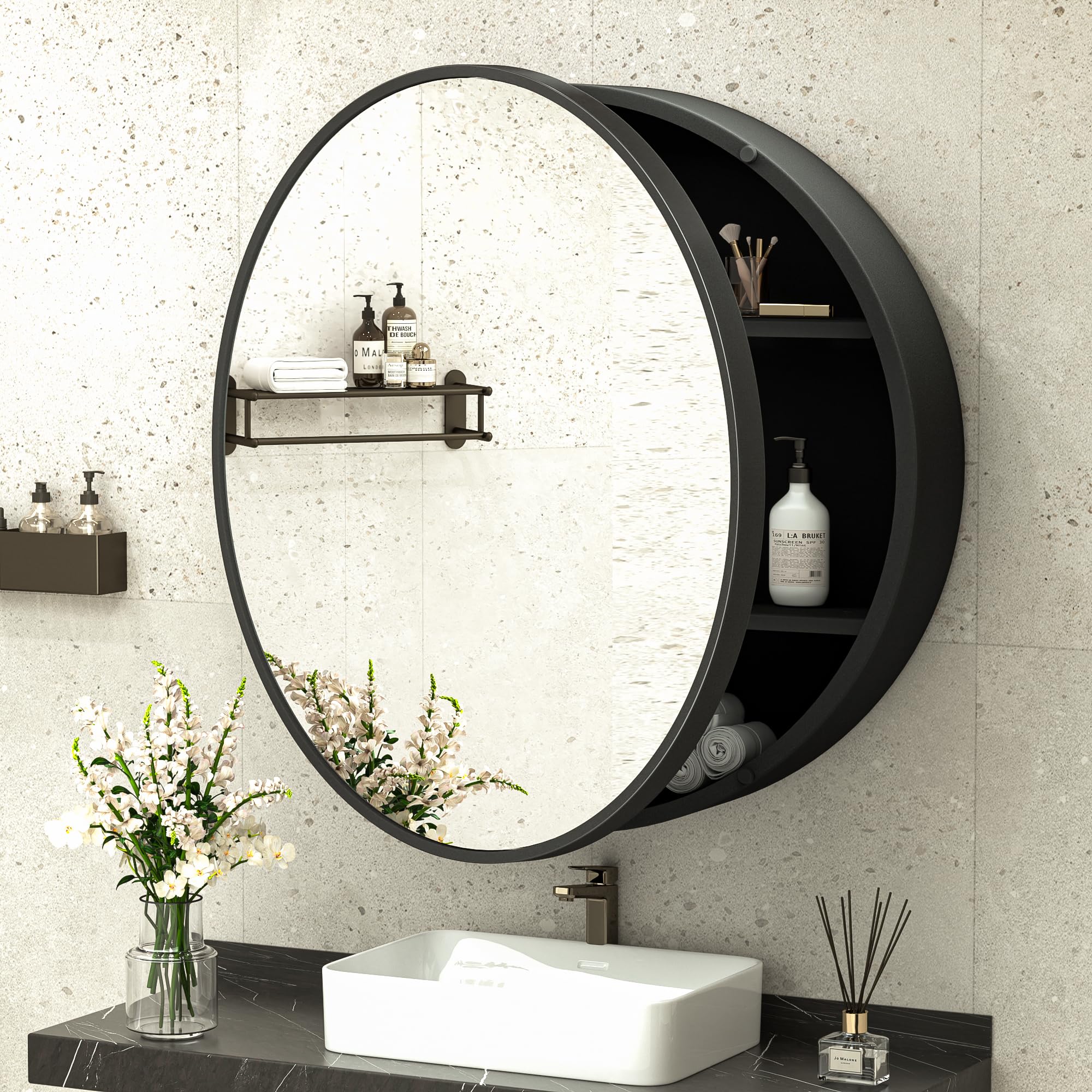 TokeShimi 28 in Circle Medicine Cabinet for Bathroom, Smooth Piano Hinge