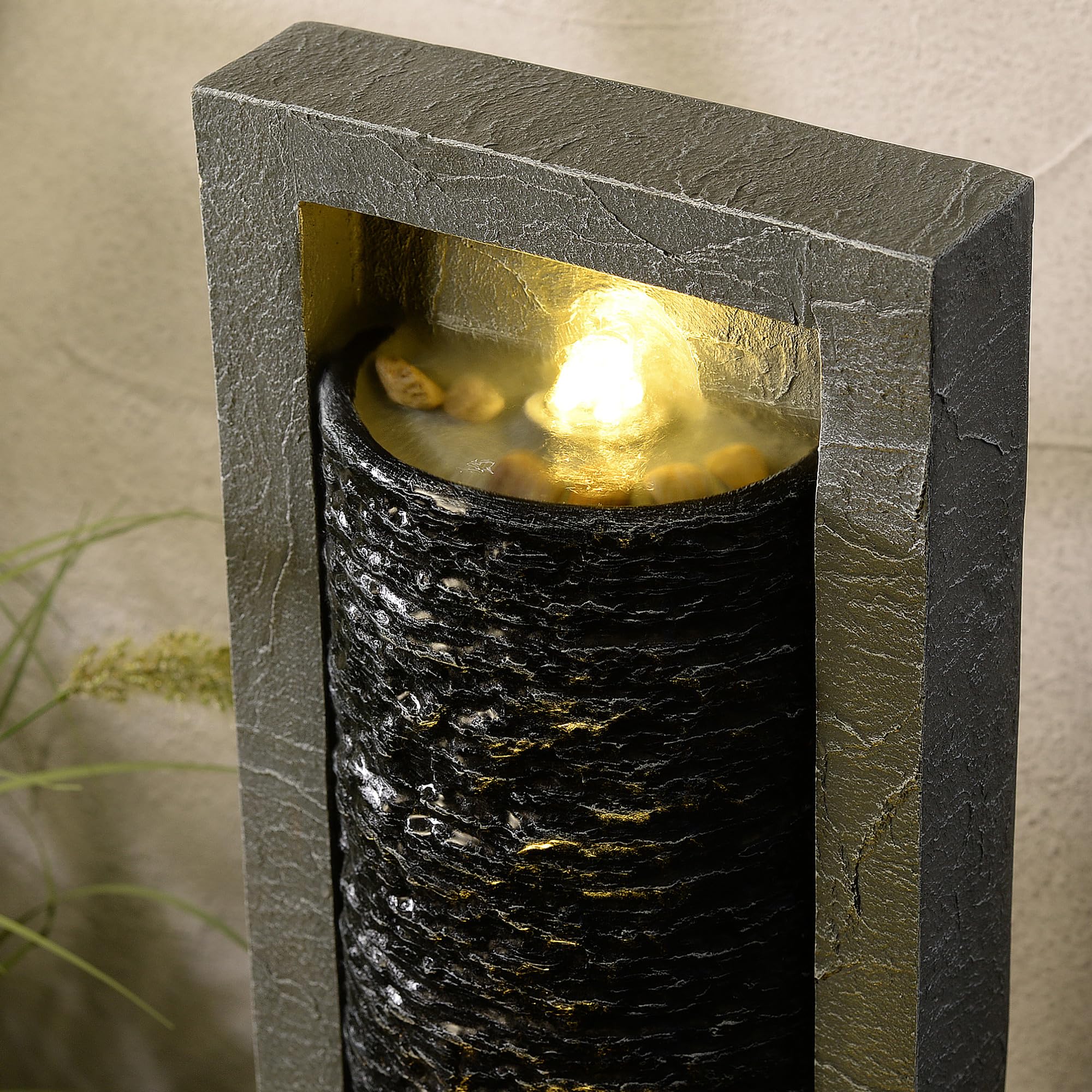 Teamson Home Fontaine de Jardin Haute Cascade exterieure LED Roche superposee Patio Durable Gris Fonce