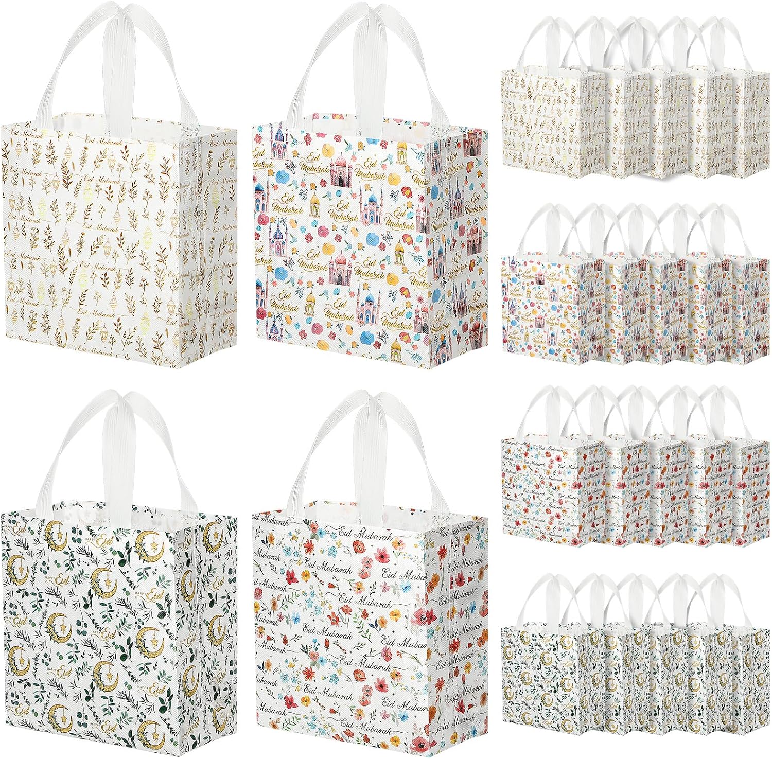 Amylove 24 Pcs Reusable Eid Mubarak Gift Bags with Handles Non Woven Ramadan Goodie Bags Eid Mubarak Party Favor Treat Gift Wrapping Shopping Tote Ramadan Party Supplies 9.2" x 8.7" x 4.3"