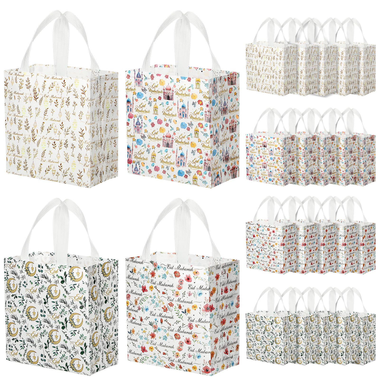Amylove 24 Pcs Reusable Eid Mubarak Gift Bags with Handles Non Woven Ramadan Goodie Bags Eid Mubarak Party Favor Treat Gift Wrapping Shopping Tote Ramadan Party Supplies 9.2" x 8.7" x 4.3"