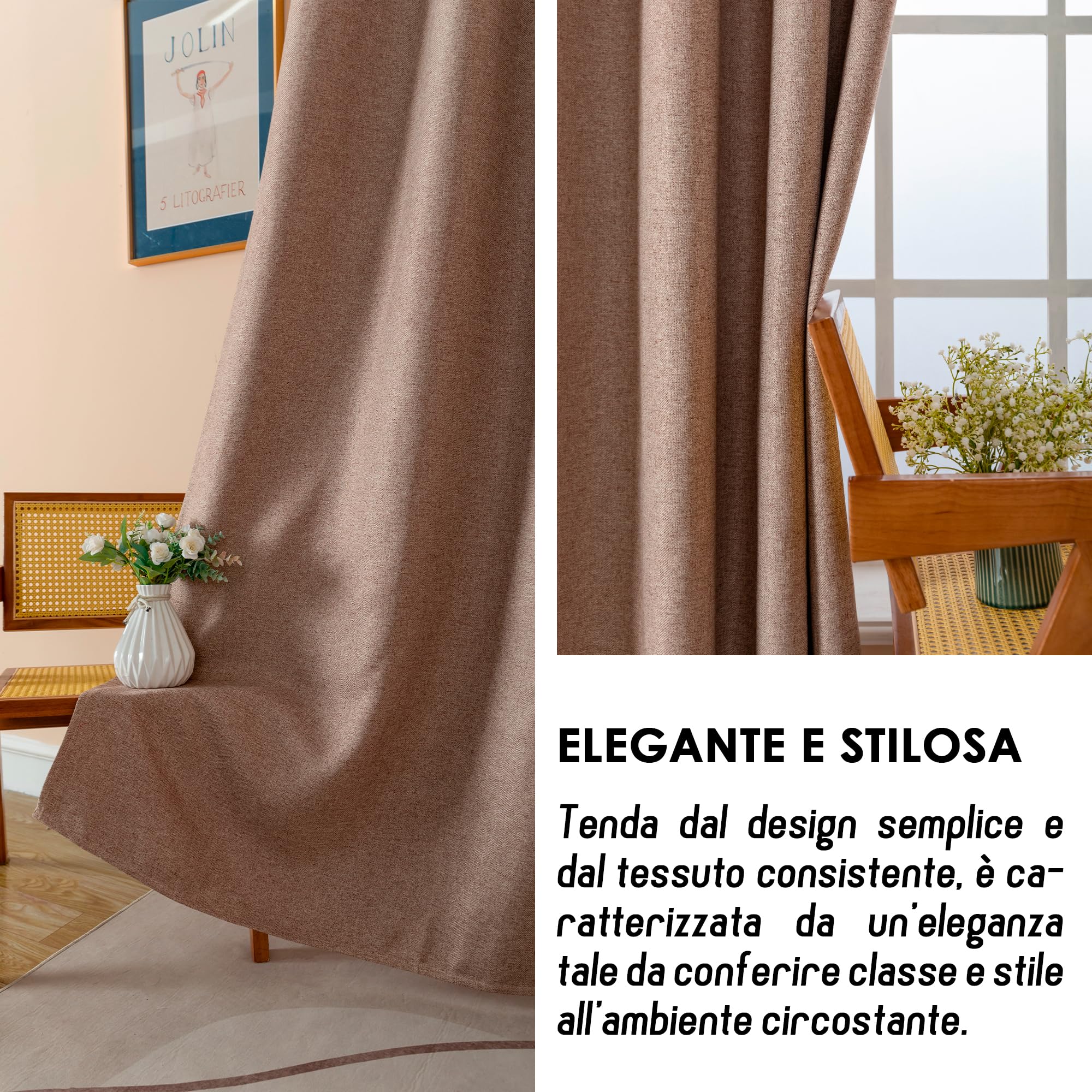 GIRASOLE HOME® Paire de rideaux semi-occultants effet lin texture nervurée lourde pour intérieur 2 panneaux avec poche (marron, 70 x 133 cm)