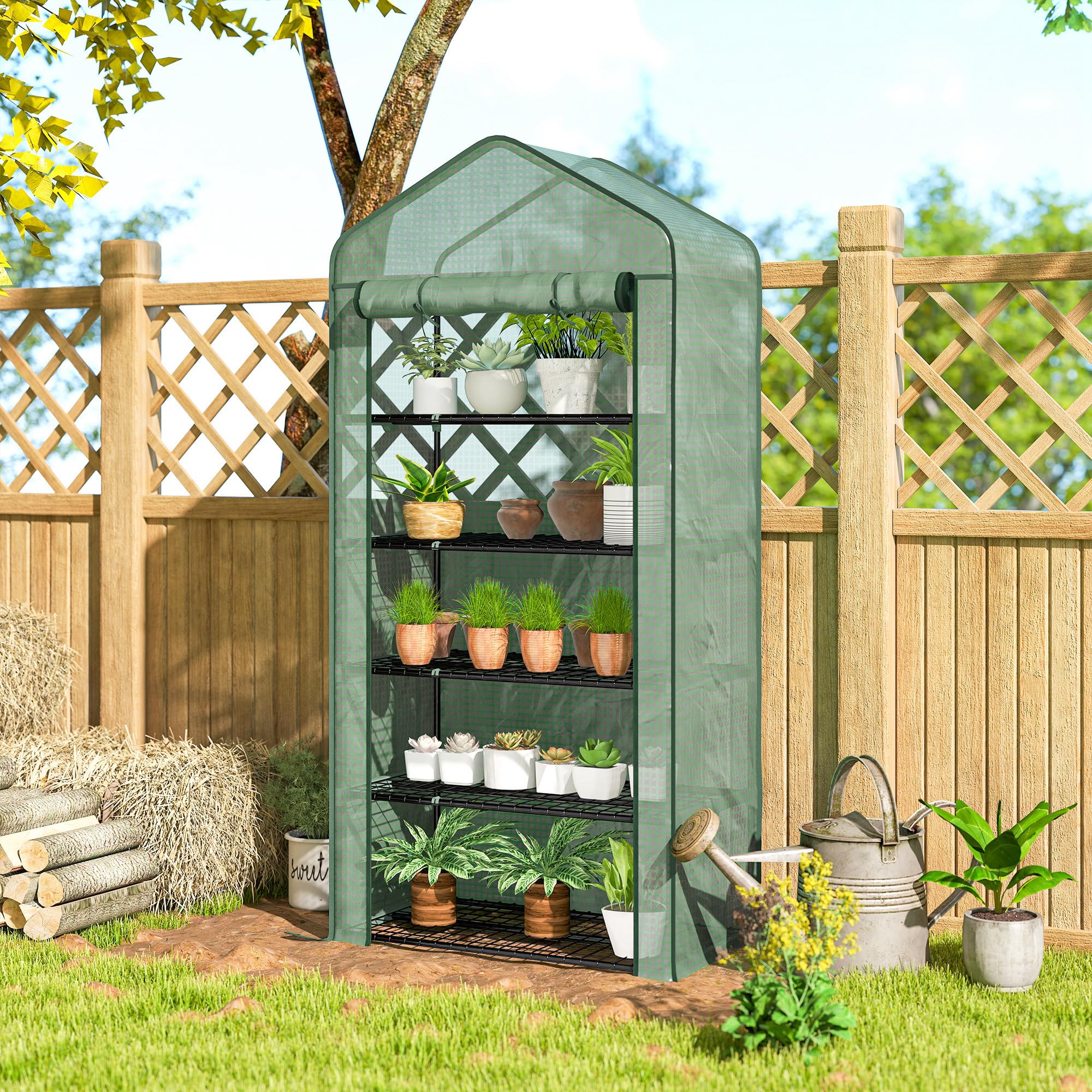Outsunny Szklarnia ogrodowa Szklarnia balkonowa 5-poziomowa szklarnia z 1 zwijanymi drzwiami, stalowa rama i wzmocniona plandeka PE odporna na ok. 90 l x 49 l x 193H cm