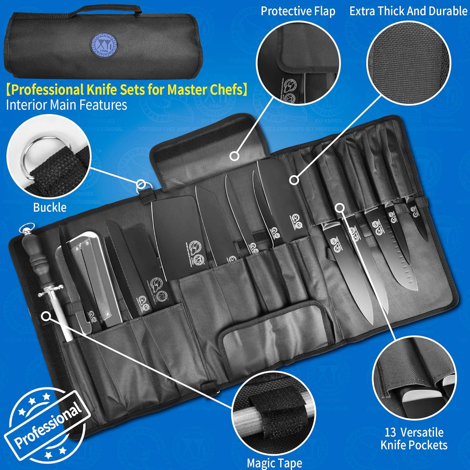 XYJ Knives Kitchen Set With Magnetic Knife Block Professional Knife Sets for Master Chefs Stainless Steel Knives Roll Bag Sharpener Rod