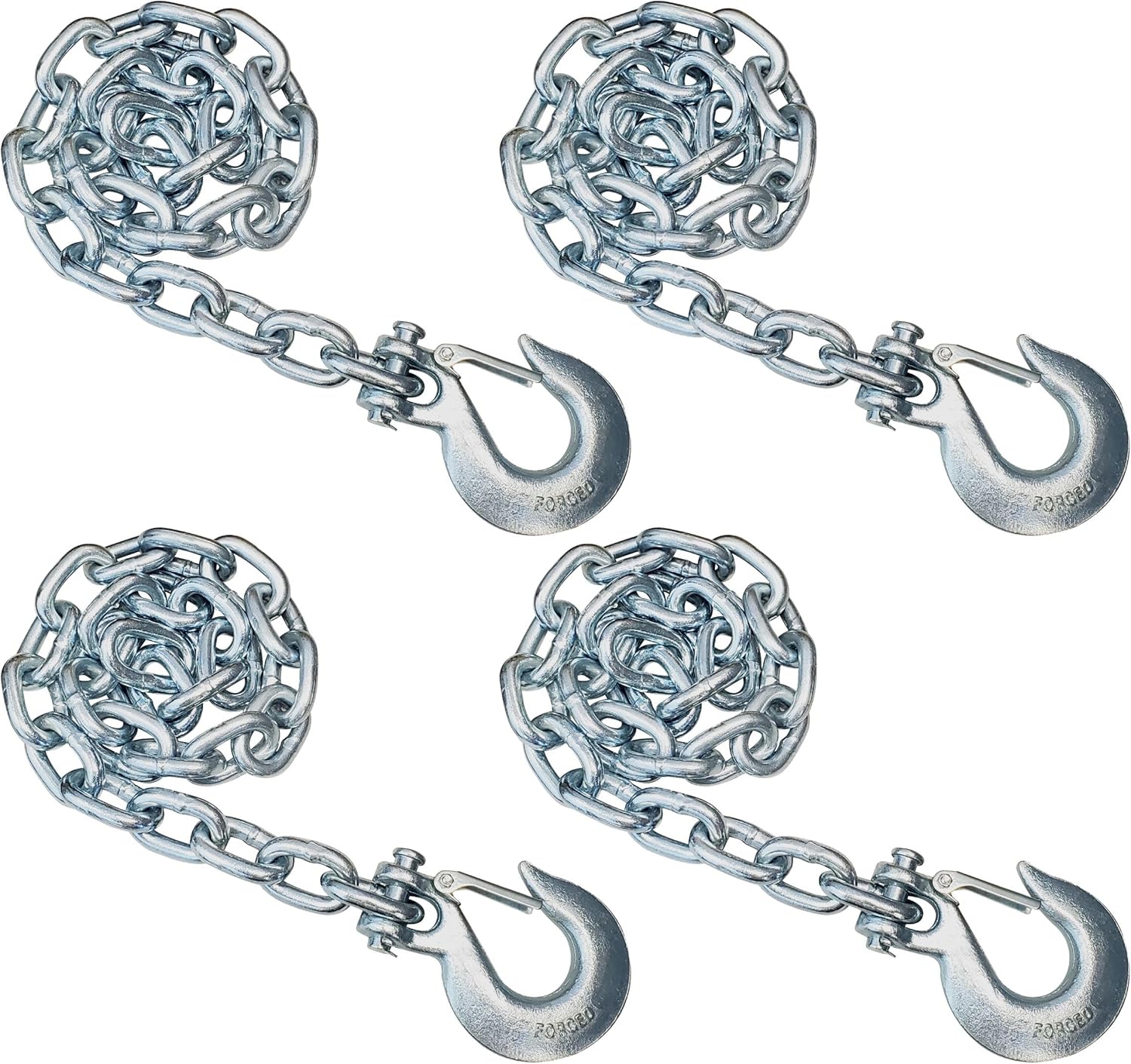 Mega Cargo Control 4 Pack Grade 43 Trailer Safety Chains 3/8" x 37" with Clevis Slip Hook Latches, Heavy Duty Tow Chain Set