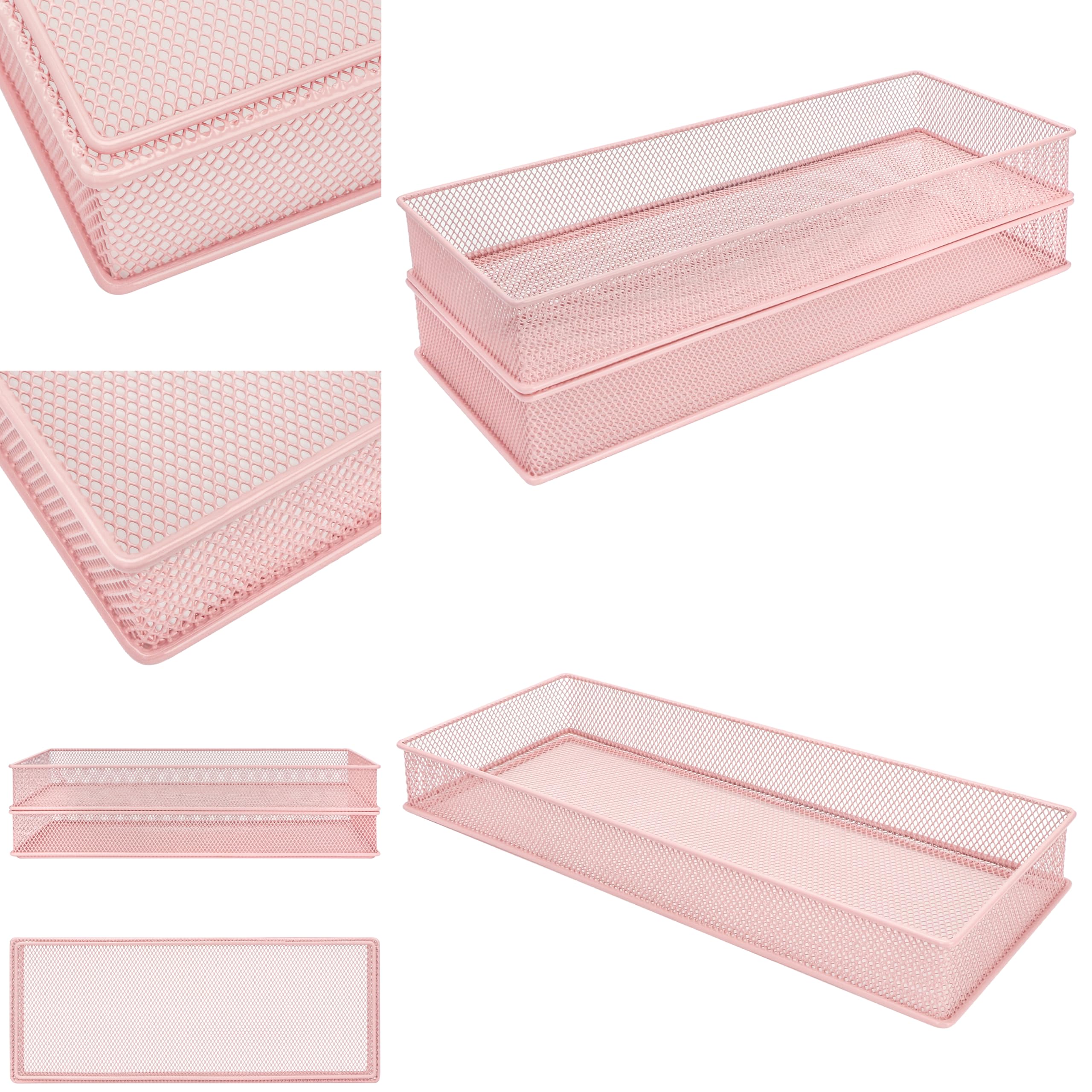 Annova Mesh Drawer Cabinet and Shelf Organizer Bins Storage Basket School Office Supply Holder Tray- Set of 2 (Light Pink, 38x15x5 cm) - Image 3