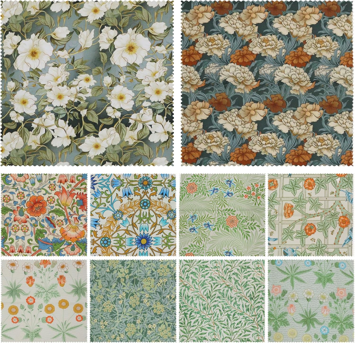 William Morris Quilt Fabric Squares Bundle, 10 pcs 10"x10" Premium 100% Cotton Precut Patchwork Set - Floral & Woodland Animal Prints with Pinked Edges for DIY Quilting and Sewing Crafts