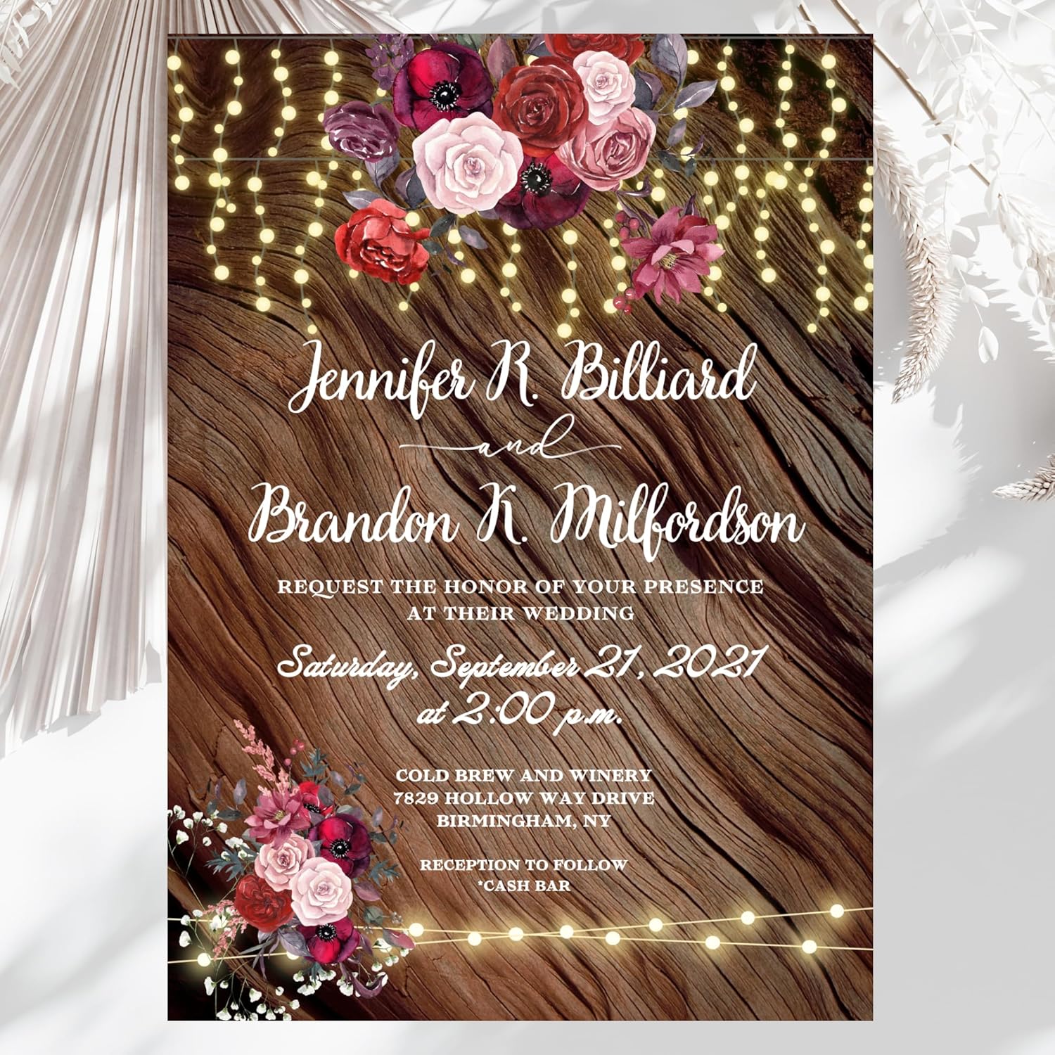 Custom Wedding Invitation Set of 15 With Envelopes, Personalized Red Invites On Thick Glossy Cardstock For Burgundy Wedding Anniversary Bridal Shower Engagement (5X7 Inches)