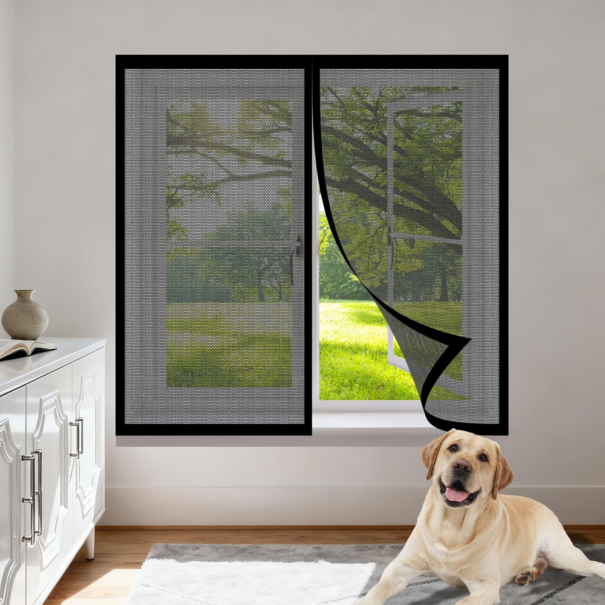 Window Fly Screen 80 x 85 cm with Selfadhesive Adjustable DIY Window Fly Screen Excellent Ventilation While Blocking Bugs for Living Room Bedroom Offfice, Black