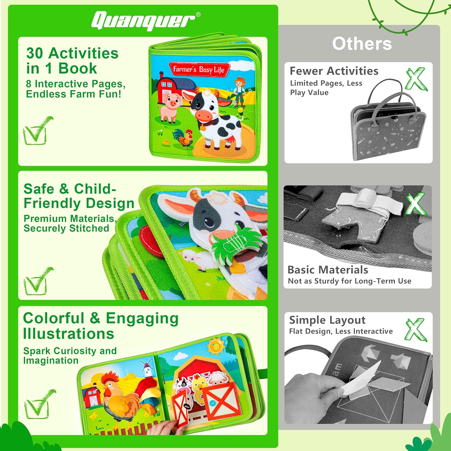 Quanquer Montessori Busy Book for Toddlers 1-3 - Farm Animal Sensory Busy Board for 1 Year Old Boys and Girls, Educational Travel Toy for Airplane Car Activities, Birthday Christmas Toddler Gifts