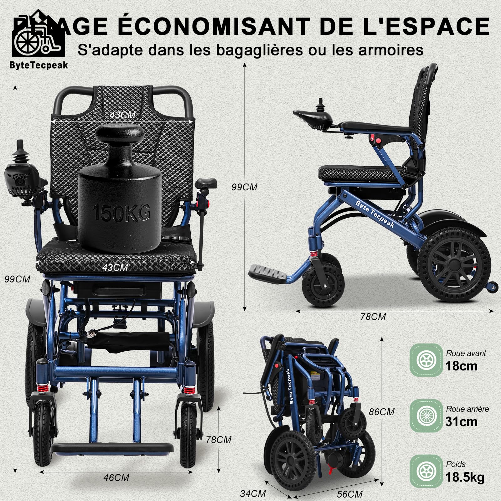 D14 Fauteuil roulant electrique pliable leger, 25KM chaise roulante electrique avec batterie 12Ah amovible en alliage d'aluminium, Pour 150KG, Navigabilité des aéronefs