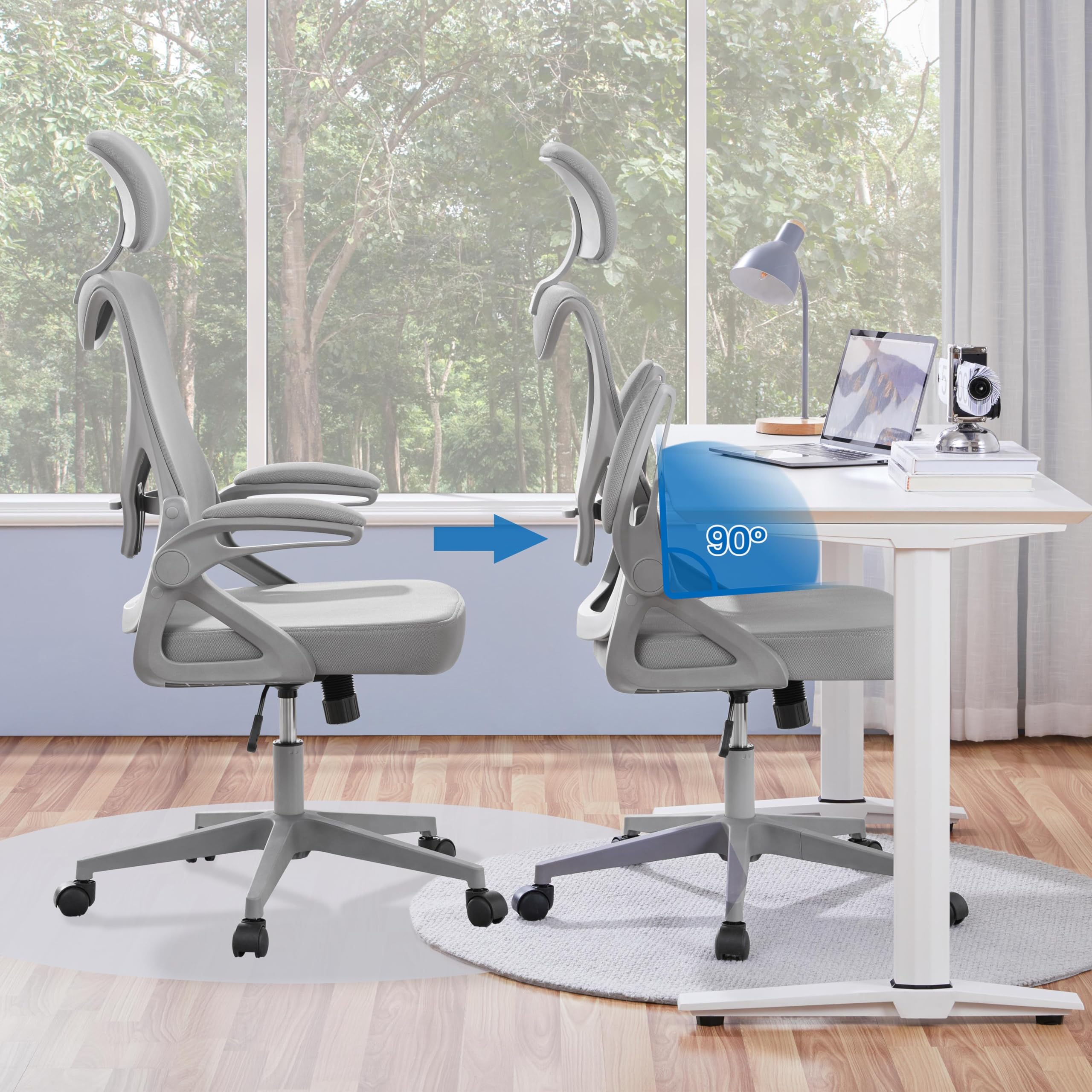 Yaheetech Ergonomiczne krzesło biurowe z podłokietnikami, regulowany zagłówek, wysokie oparcie, funkcja huśtawki, krzesło obrotowe z oddychającej siatki z podparciem lędźwiowym, kolor szary