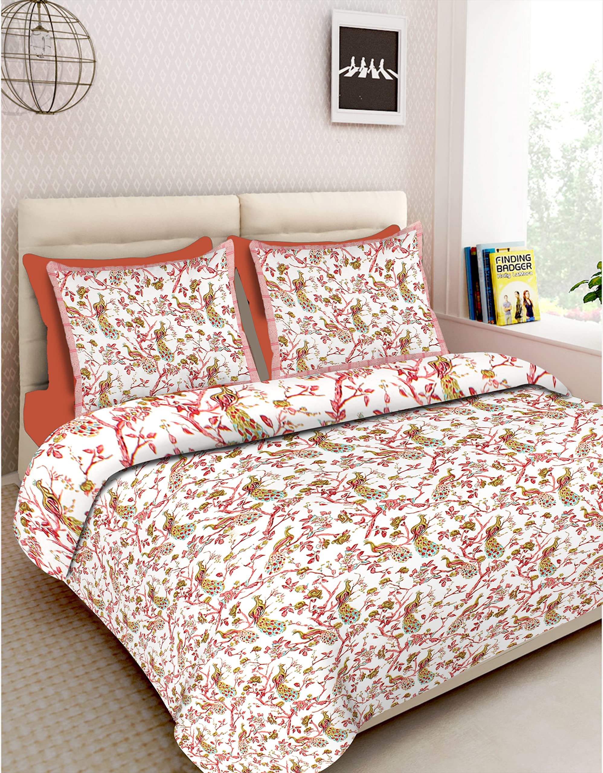 RHF 100% Cotton Printed King Size Double Bedsheet with Two Pillow Cover (100 X106 Inches),Peach-picture-16