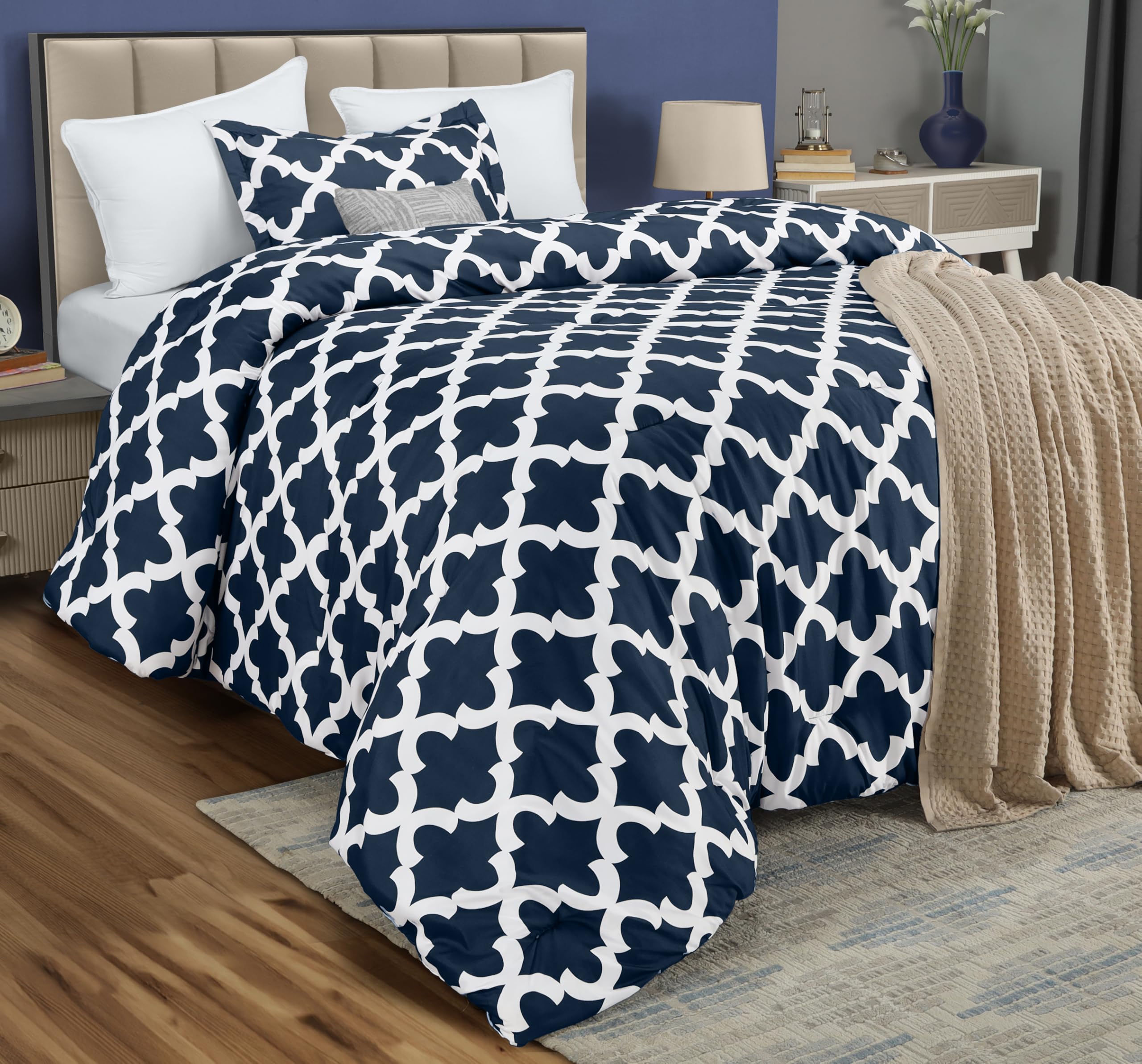 Bedding Twin Comforter Set Navy, Printed Comforters Twin Size, 2 Piece Lightweight All Season Down Alternative Bedding Set with 1 Comforter (64 x 88 in) and 1 Pillow Shams (20 x 26 in)