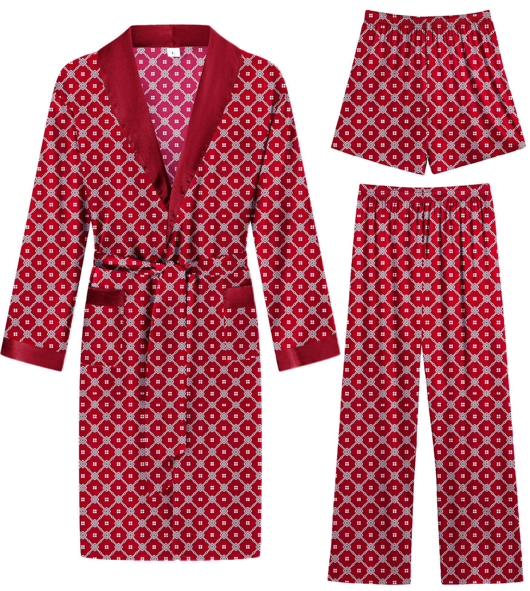 Men's 3 Pcs Robe Silk Satin Kimono Bathrobe with Shorts&Pants Set Lightweight Soft Sleepwear