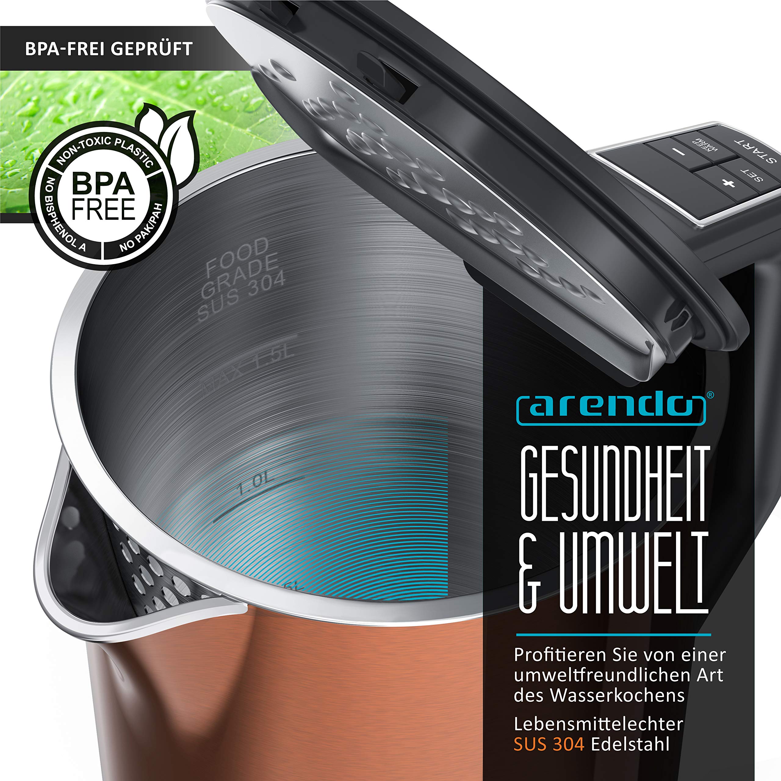 Arendo Roestvrijstalen Waterkoker Met Temperatuurinstelling 40 100 Graden In Stappen Van 5 Dubbelwandig Design Model Elegant 15 Liter 2200 W Temperatuurweergave Gs 825838616