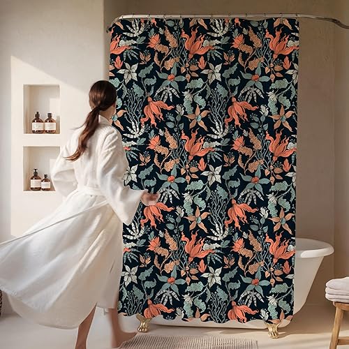 Miniatura 2 de Cortina de ducha con estampado floral coral oscuro - Patrón de flores negras moderno melancólico - Decoración moderna para el hogar - Cortina de