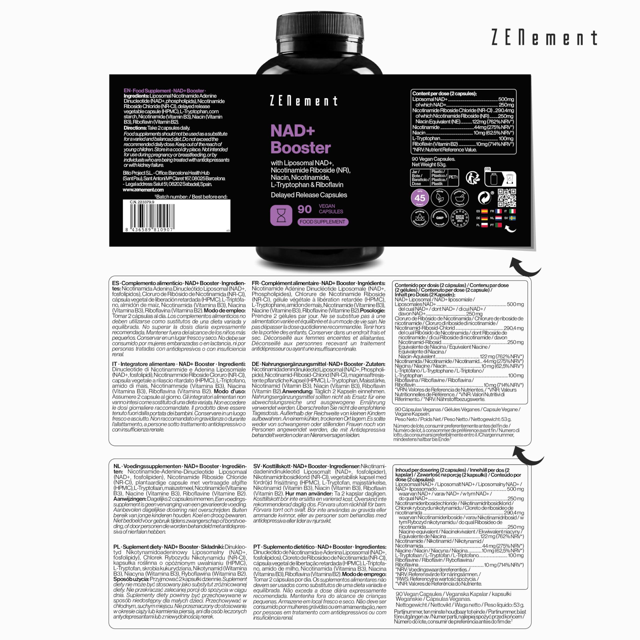 NAD+ Liposomiale 500 mg con Nicotinamide Riboside 250 mg, Niacina e Riboflavina – Doppia Formula con L-Triptofano – 90 Capsule Vegane a Rilascio Ritardato, 45 Giorni – Zenement