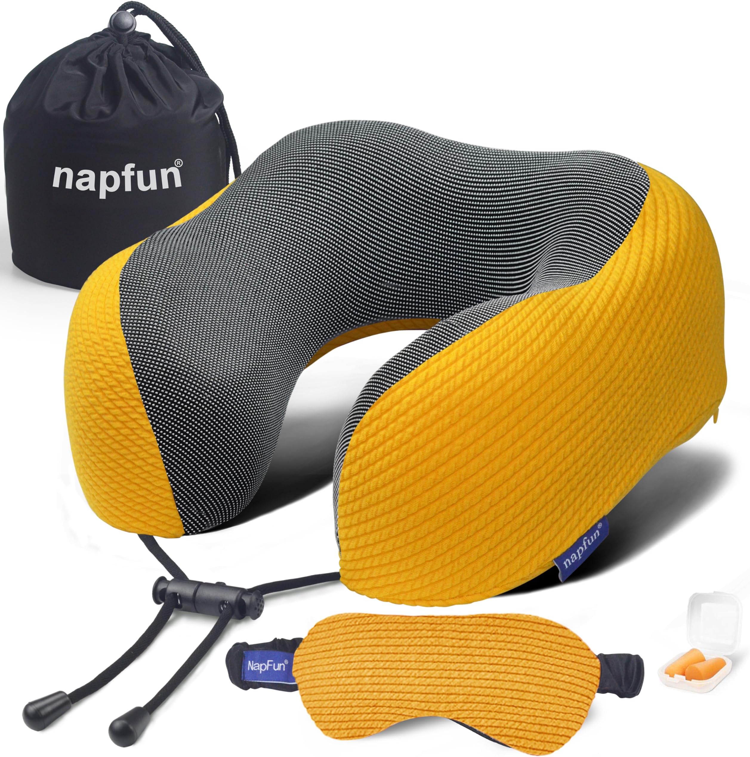 napfun Neck Pillow for Traveling, Upgraded Travel Neck Pillow for Airplane 100% Pure Memory Foam Travel Pillow for Flight Headrest Sleep, Portable Plane Accessories, Yellow Striped Kit