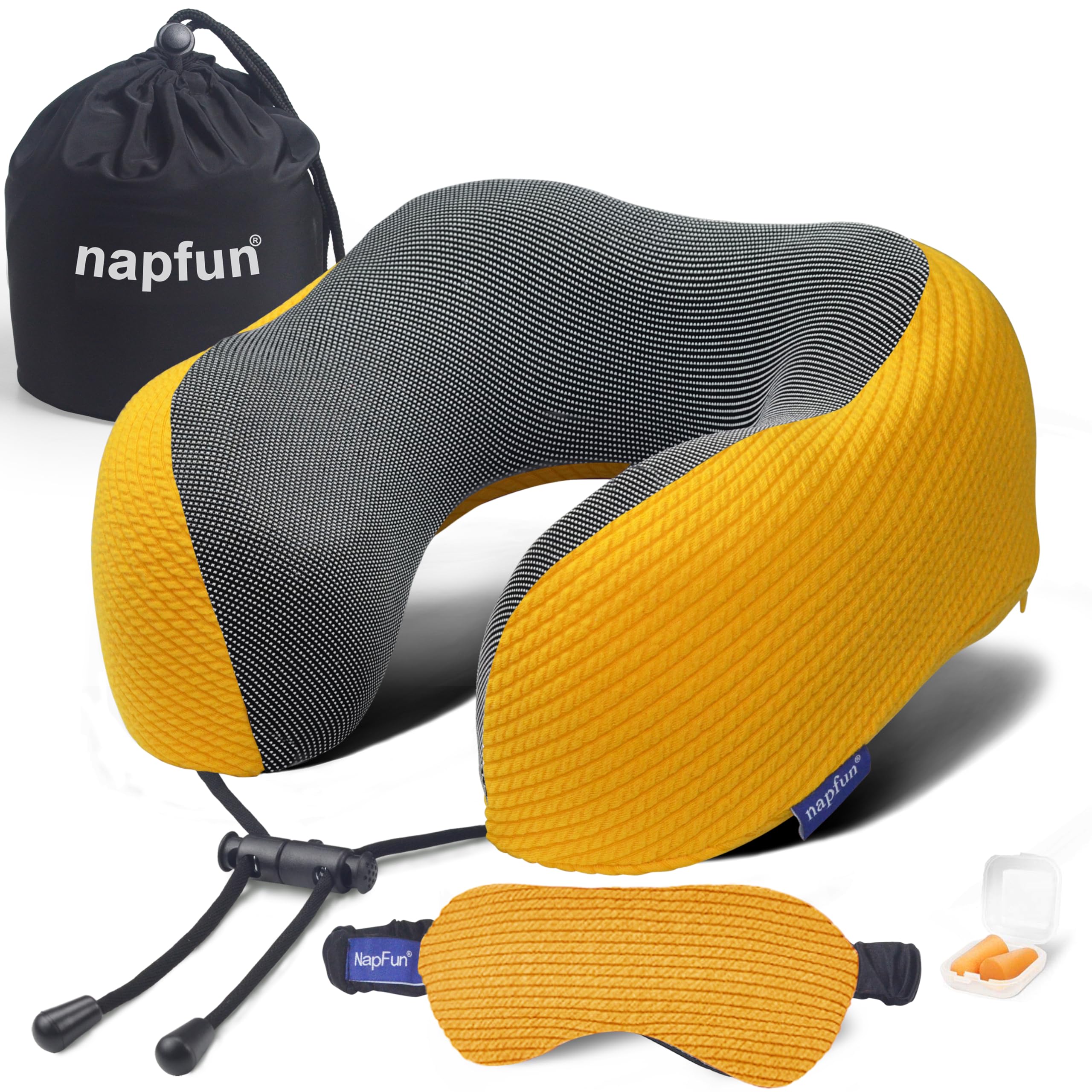 napfun Neck Pillow for Traveling, Upgraded Travel Neck Pillow for Airplane 100% Pure Memory Foam Travel Pillow for Airplane Travel Essentials, Series 3 Luxury Sets, Yellow, Medium (120-200LB)