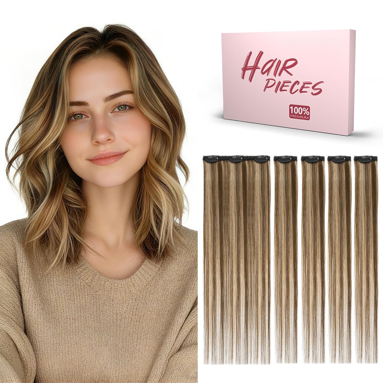 SEGO 5 Pcs Clip In Short Hair Extensions Real Human Hair Remy Straight Soft Seamless Clip In Hairpieces for Women With Thinning Hair -12 Inch #4P27 Medium Brown&Dark Blonde