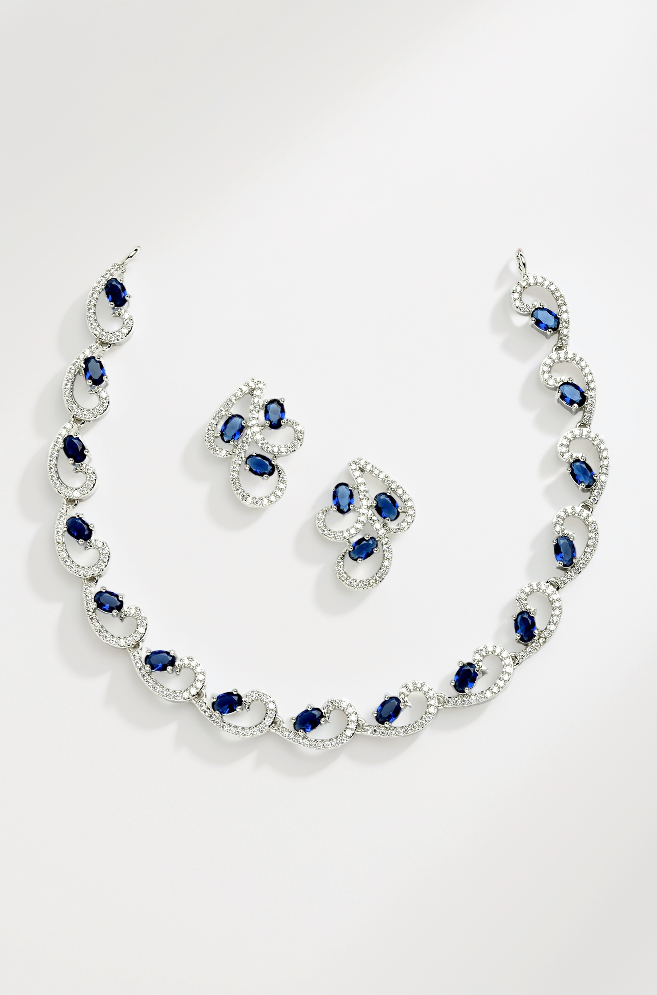 Rhodium-Plated with Silver-Toned White Cubic Zirconia & American Diamond studded Necklace and Drop Earrings Jewellery Set for women