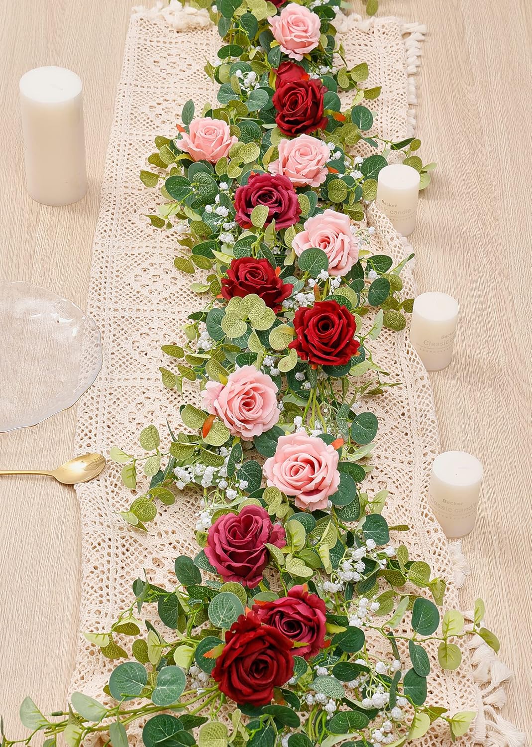Anna's Whimsy 5.91FT Artificial Eucalyptus Garland with Flowers, Fake Rose Gypsophila, Faux Floral Garland Greenery for Wedding Spring Party Art Table Runner Decor (Pink, 1)