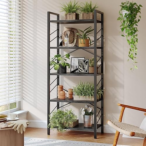 Miniatura 12 de Estantería de 4 niveles, estantería industrial con marco de metal y barras laterales, estantería pequeña para dormitorio, oficina en casa y sala de