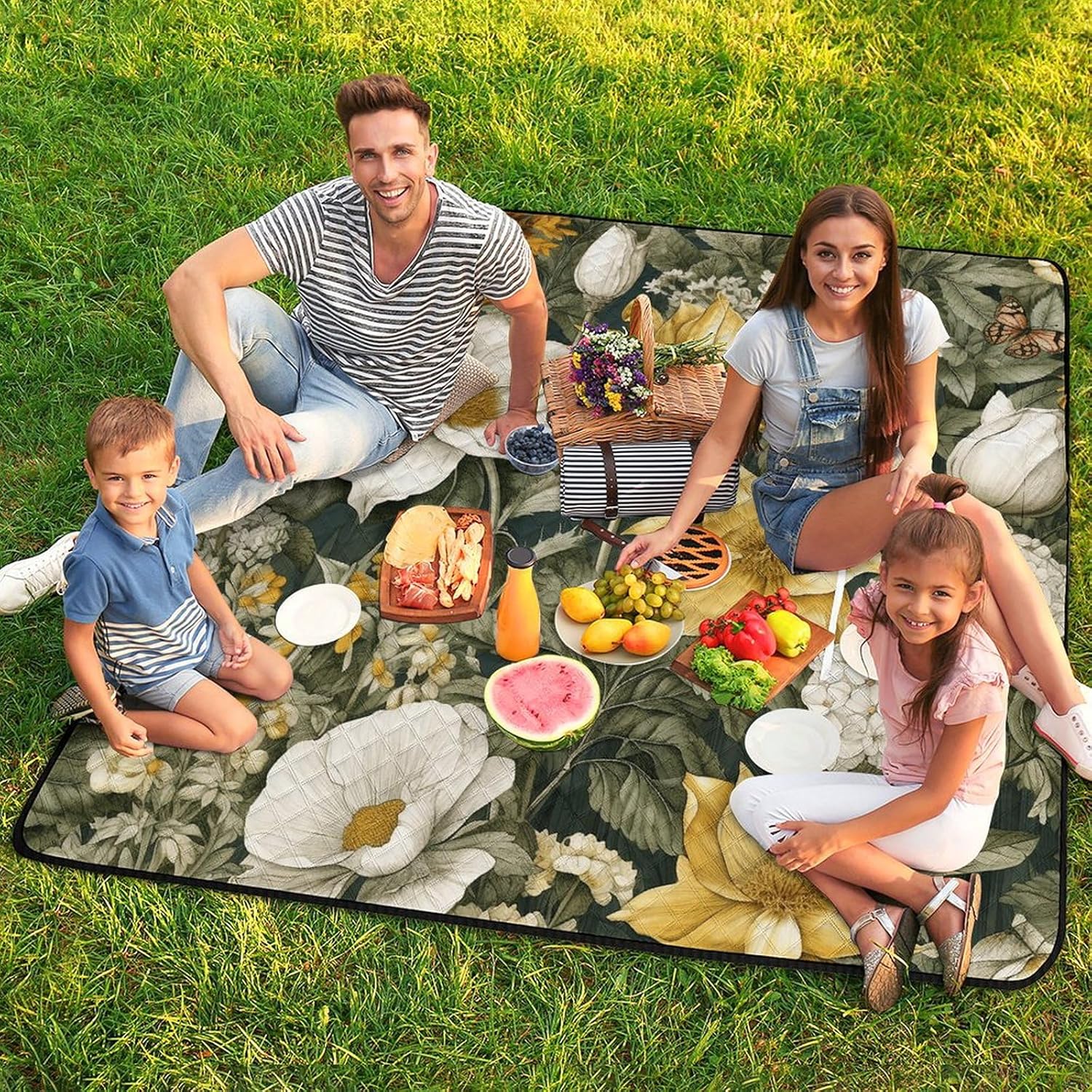 Picnic Blankets,Flowers and Butterflies Printed Picnic Blankets Waterproof Foldable,Large Picnic Blanket,Handy Mat Tote with Zipper Pocket for Camping on Grass
