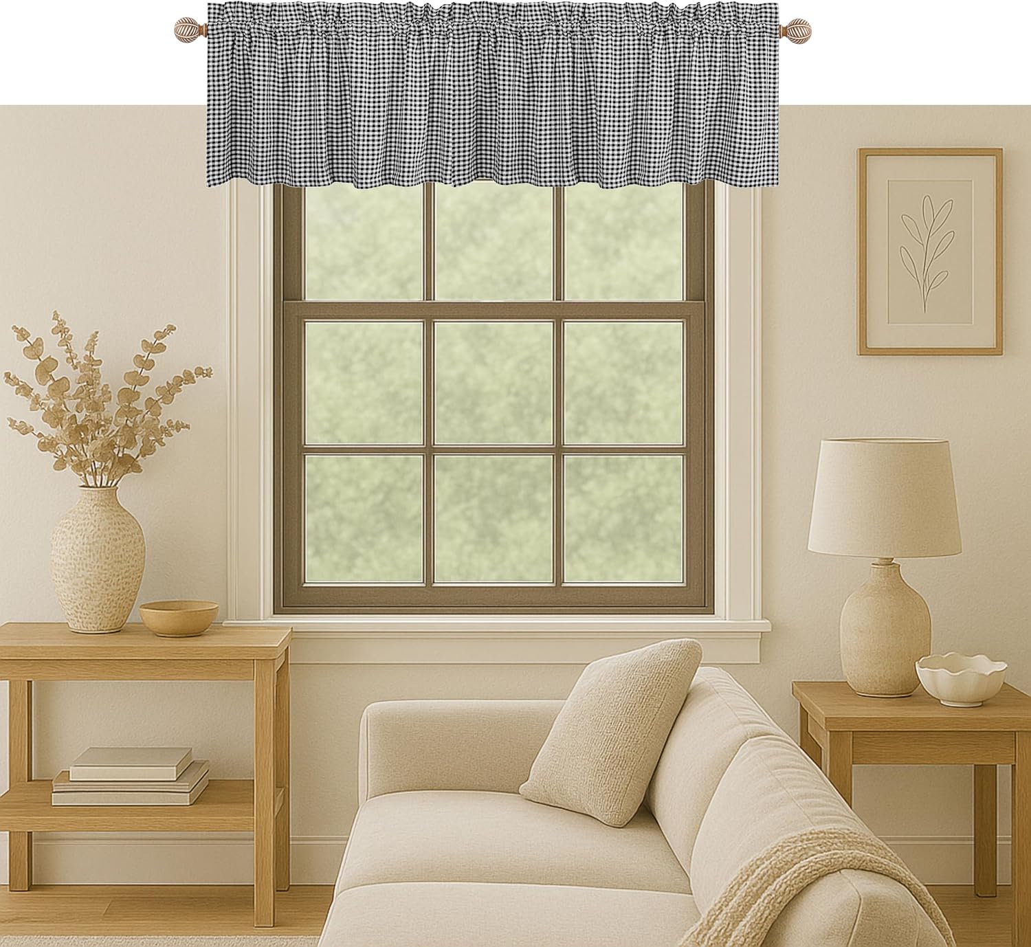 Native Fab Gingham Check 2 Pack Window Curtain Valance Set - Rod Pocket - Semi Sheer - Farmhouse Small Curtain for Kitchen, Bedroom, Living Room, Basement - 54 x 18 inches - Black White