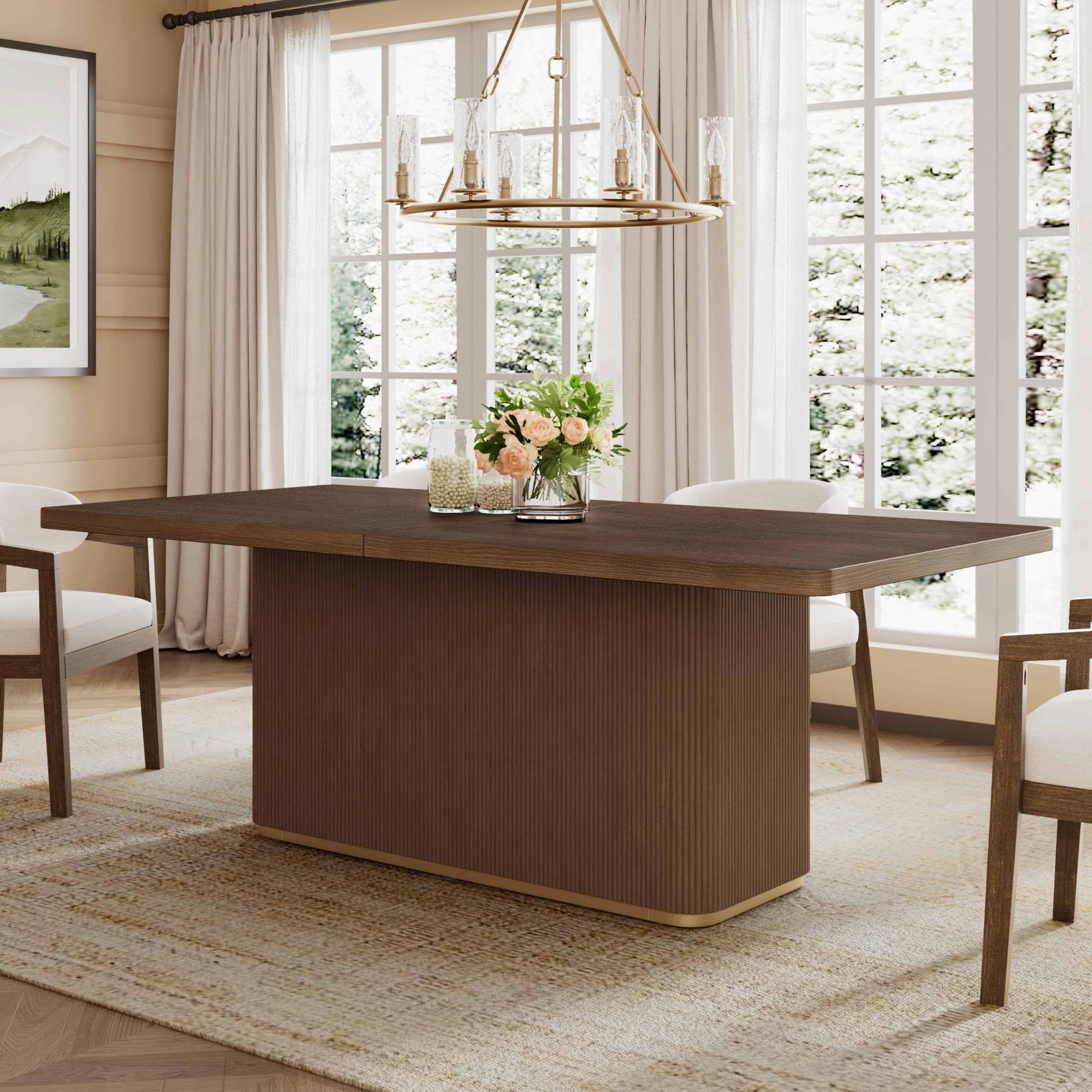 Christopher Knight Home Scout 84 Inch Dining Table for 6 People, Modern Kitchen Table with Pillar Legs, Wooden Rectangular Spacious Dinner Furniture